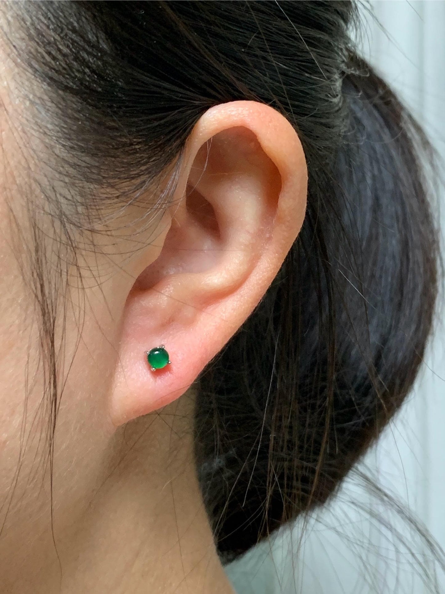 Petite Natural Guatemalan Icy Translucent Vibrant Green Jadeite Cabochon Classic Studs Earrings S925 Sterling Silver 4mm 天然冰危绿翡翠银镶耳钉
