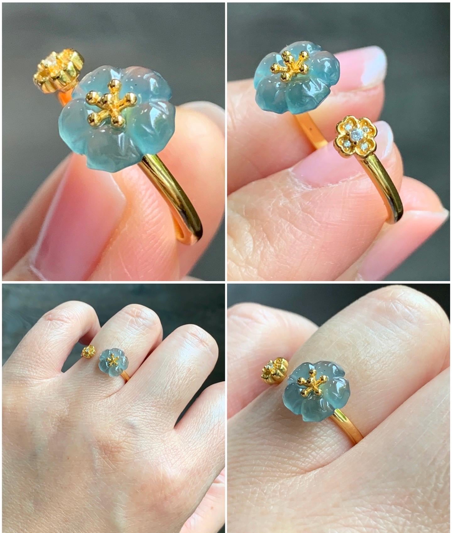 Natural Guatemalan Icy Highly Translucent Gelatinous Teal Blue Jadeite Cherry Blossom Open Band Ring Sterling Silver Size 7 天然高冰危蓝翡翠梅花开口银镶戒指