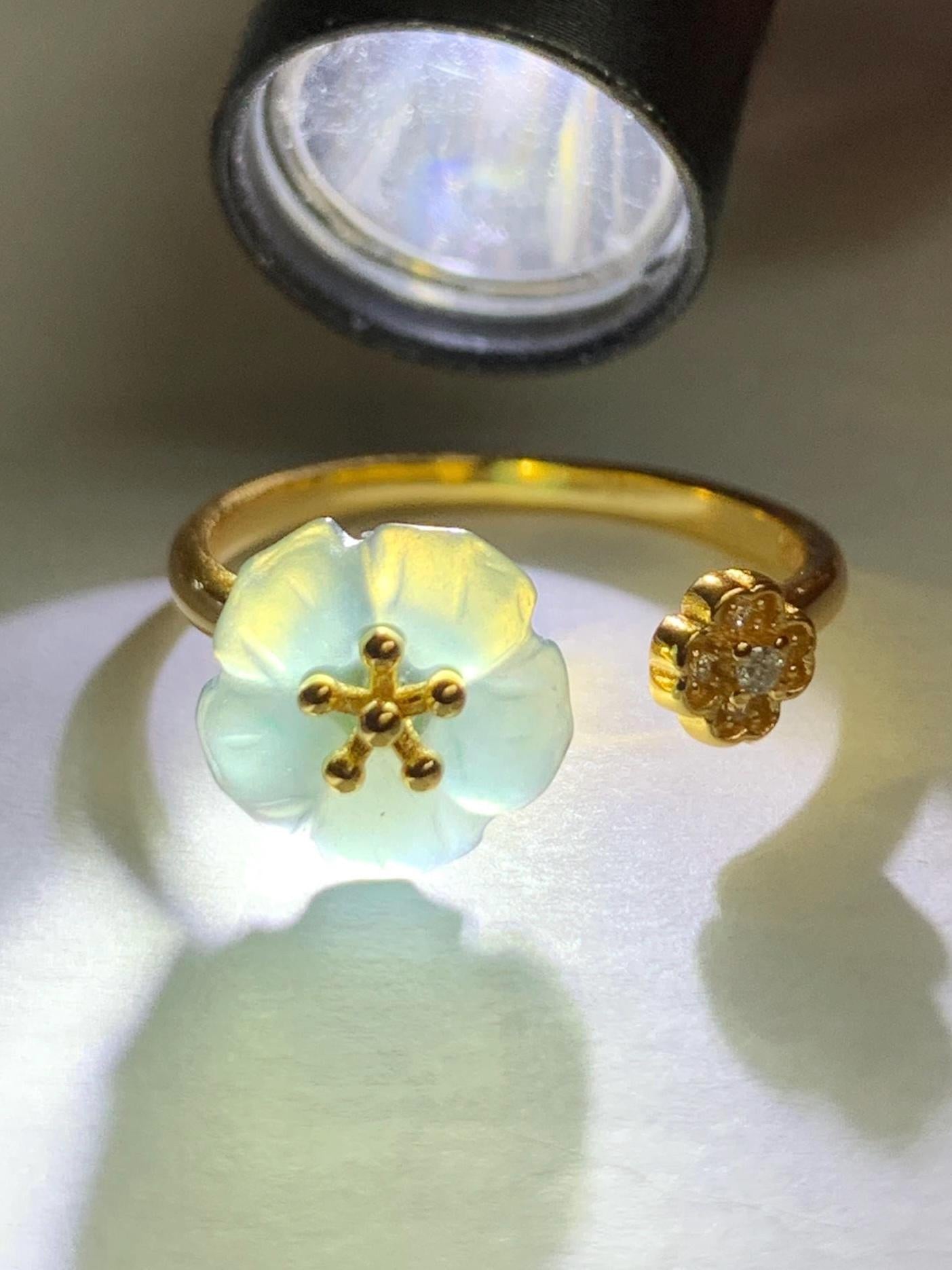Natural Guatemalan Icy Highly Translucent Gelatinous Teal Blue Jadeite Cherry Blossom Open Band Ring Sterling Silver Size 7 天然高冰危蓝翡翠梅花开口银镶戒指