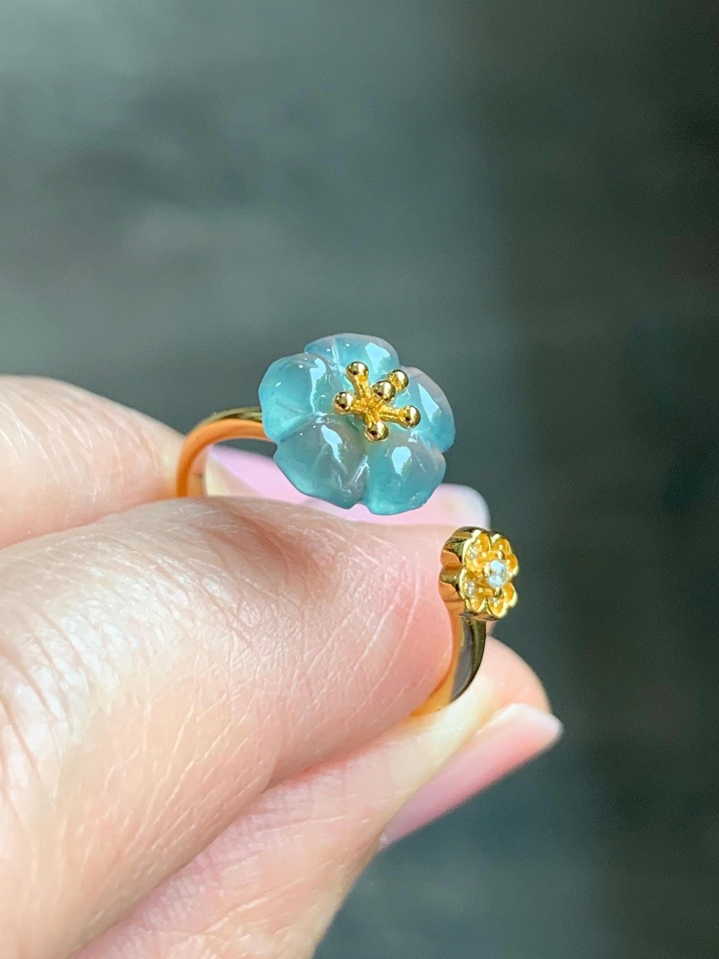 Natural Guatemalan Icy Highly Translucent Gelatinous Teal Blue Jadeite Cherry Blossom Open Band Ring Sterling Silver Size 7 天然高冰危蓝翡翠梅花开口银镶戒指