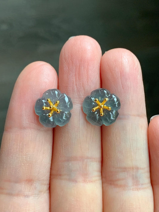 Natural Guatemalan Icy Highly Translucent Gelatinous Deep Indigo Blue Jadeite Cherry Blossom Stud Earring Sterling Silver 天然高冰危蓝翡翠梅花银镶耳钉