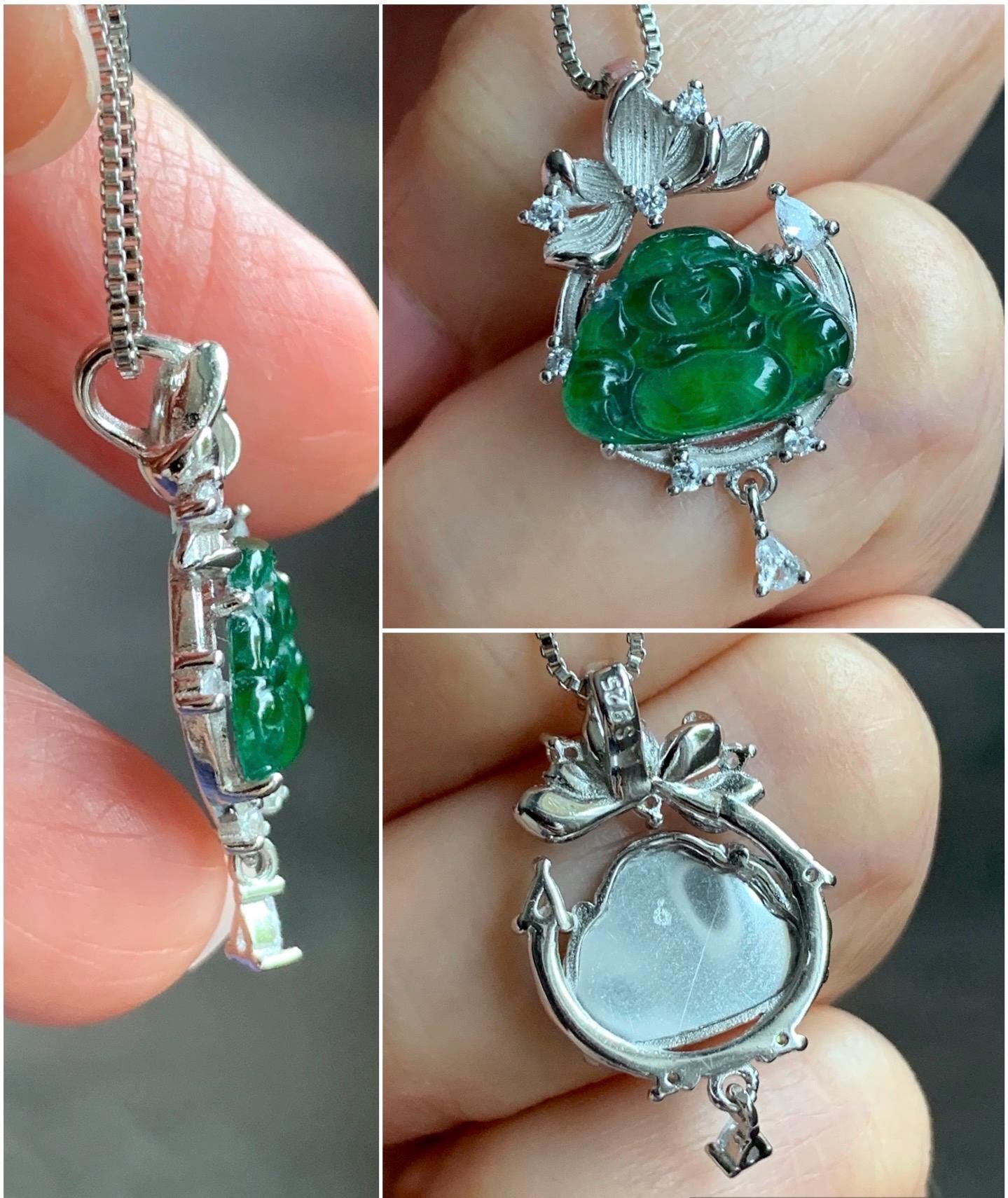 Petite Natural Guatemalan Icy Translucent Vibrant Green Jadeite Carved Buddha Pendant Sterling Silver 天然冰危绿翡翠佛公镶嵌吊坠
