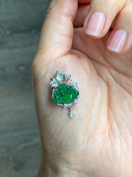 Petite Natural Guatemalan Icy Translucent Vibrant Green Jadeite Carved Buddha Pendant Sterling Silver 天然冰危绿翡翠佛公镶嵌吊坠
