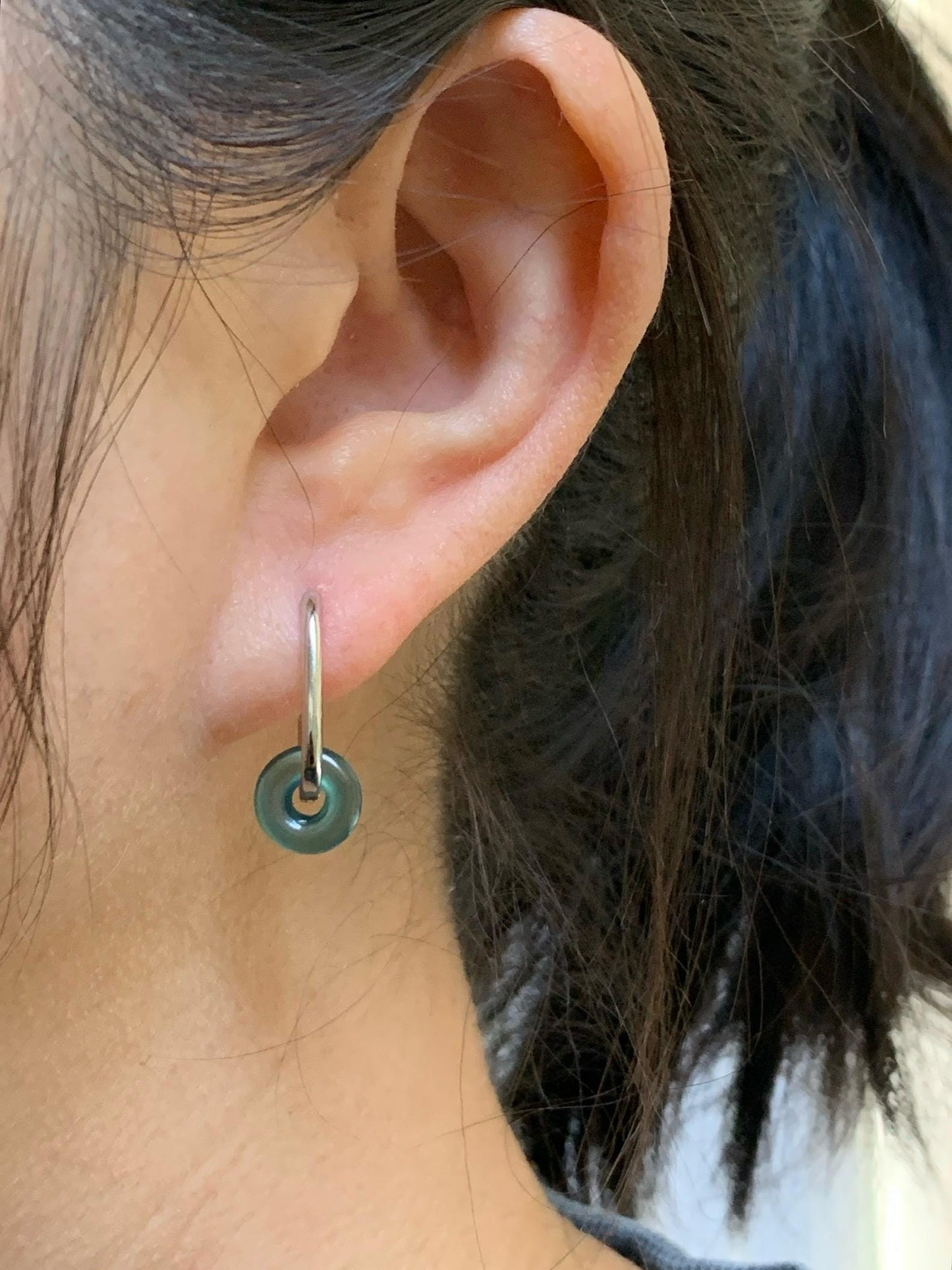 Natural Guatemalan Icy Highly Translucent Teal Green Jadeite Ping An Kou Mini Donut Huggie Hoop Earrings Sterling Silver 天然冰胶起光蓝绿翡翠迷你平安扣银耳包