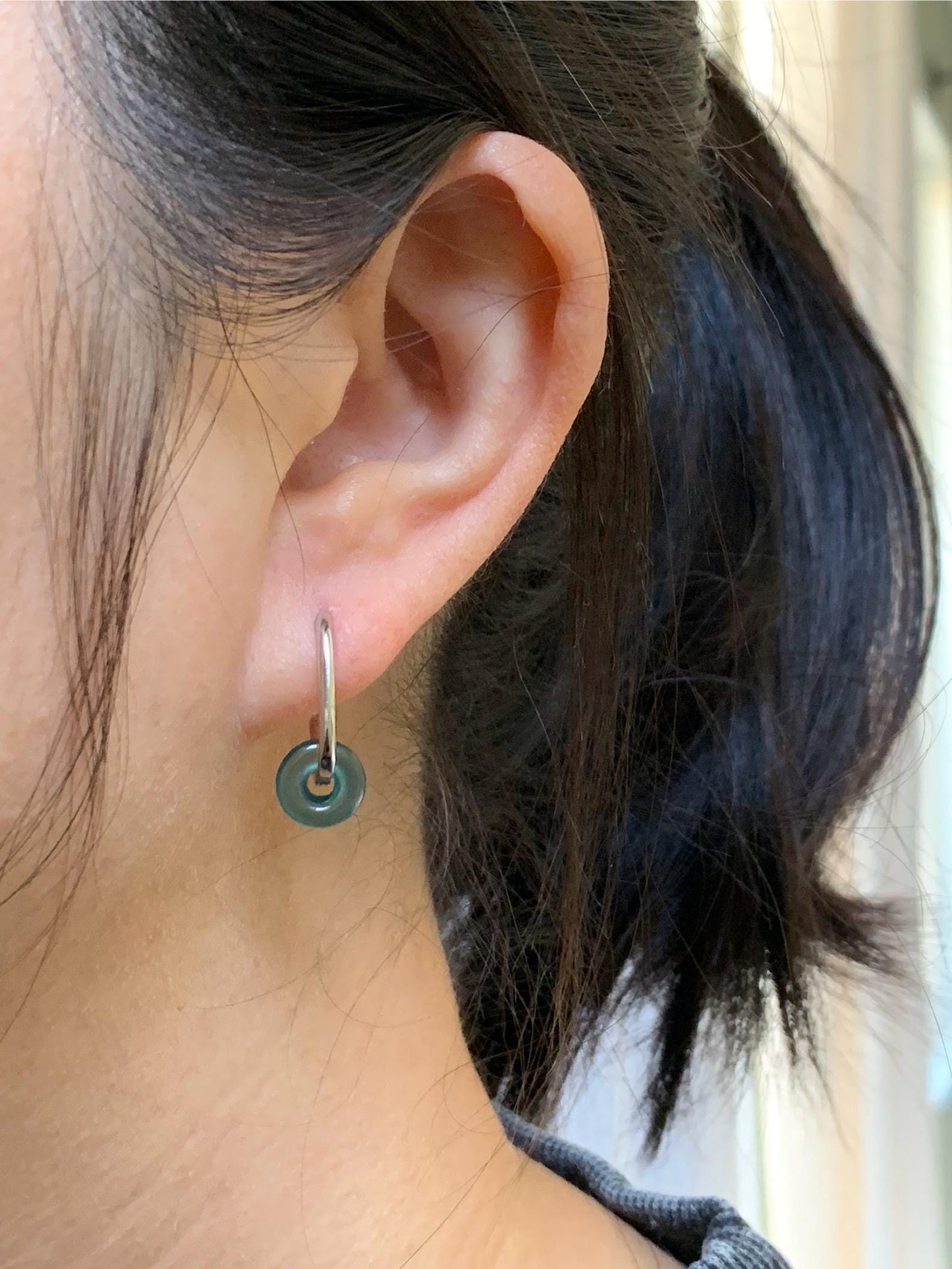 Natural Guatemalan Icy Highly Translucent Teal Green Jadeite Ping An Kou Mini Donut Huggie Hoop Earrings Sterling Silver 天然冰胶起光蓝绿翡翠迷你平安扣银耳包