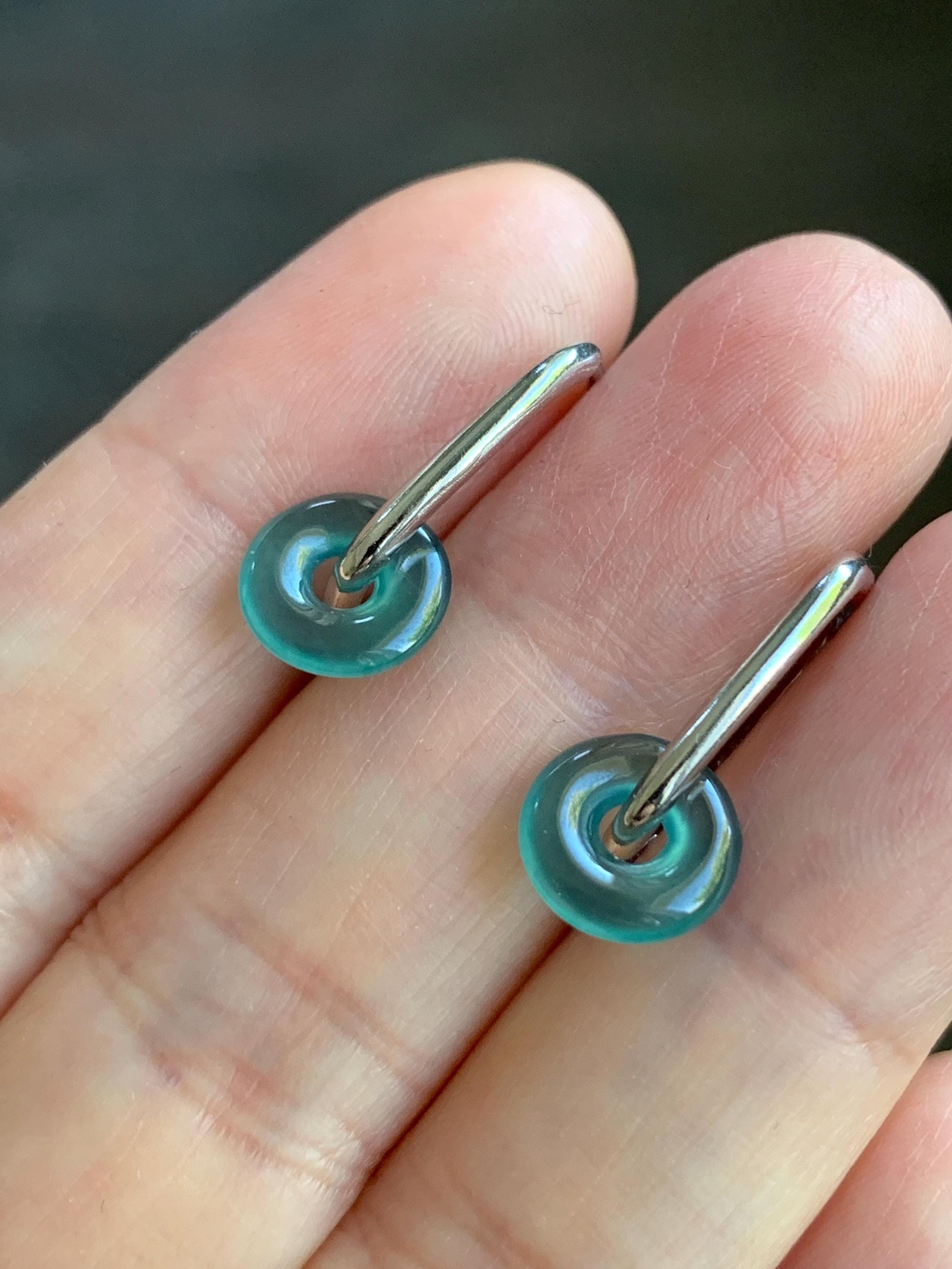 Natural Guatemalan Icy Highly Translucent Teal Green Jadeite Ping An Kou Mini Donut Huggie Hoop Earrings Sterling Silver 天然冰胶起光蓝绿翡翠迷你平安扣银耳包