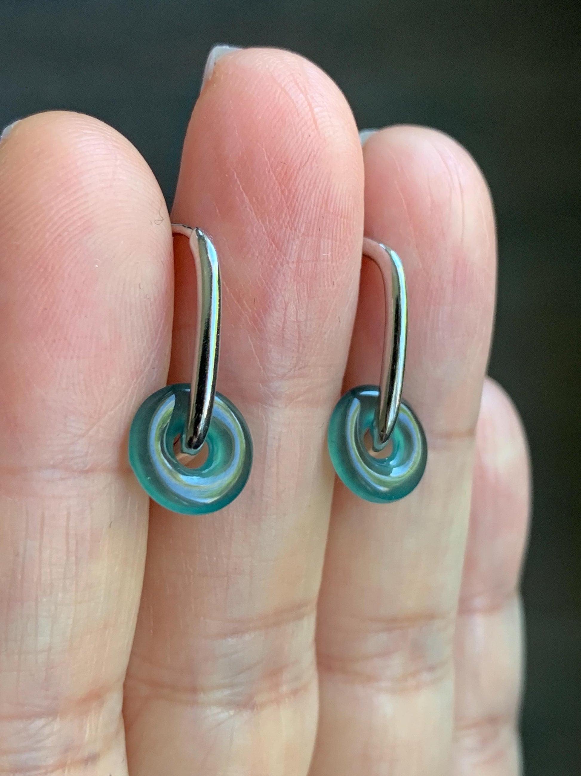 Natural Guatemalan Icy Highly Translucent Teal Green Jadeite Ping An Kou Mini Donut Huggie Hoop Earrings Sterling Silver 天然冰胶起光蓝绿翡翠迷你平安扣银耳包