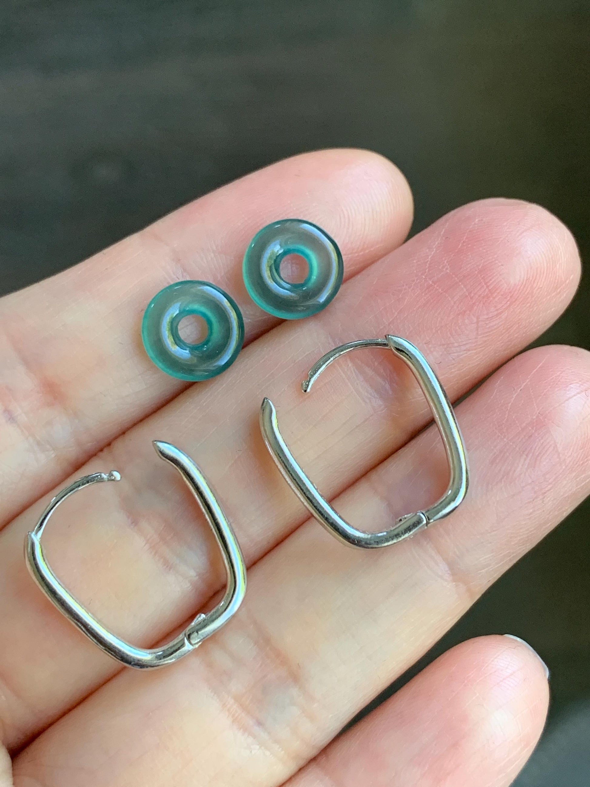 Natural Guatemalan Icy Highly Translucent Teal Green Jadeite Ping An Kou Mini Donut Huggie Hoop Earrings Sterling Silver 天然冰胶起光蓝绿翡翠迷你平安扣银耳包