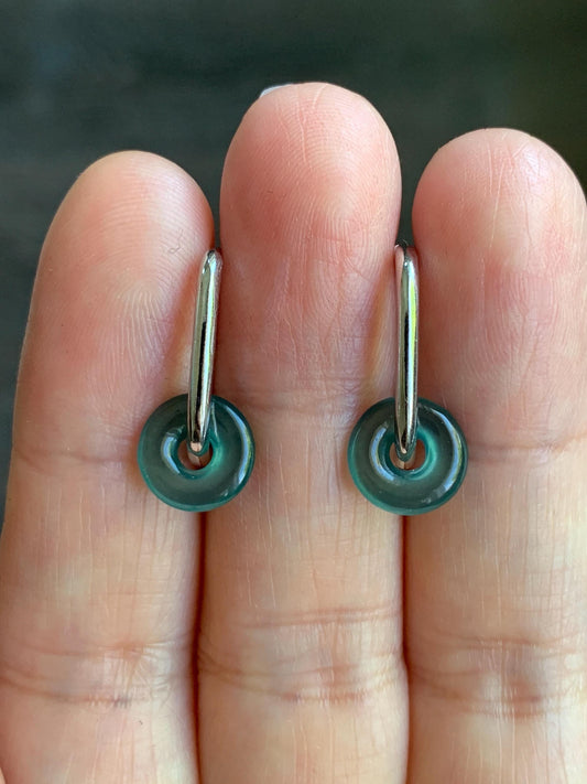 Natural Guatemalan Icy Highly Translucent Teal Green Jadeite Ping An Kou Mini Donut Huggie Hoop Earrings Sterling Silver 天然冰胶起光蓝绿翡翠迷你平安扣银耳包