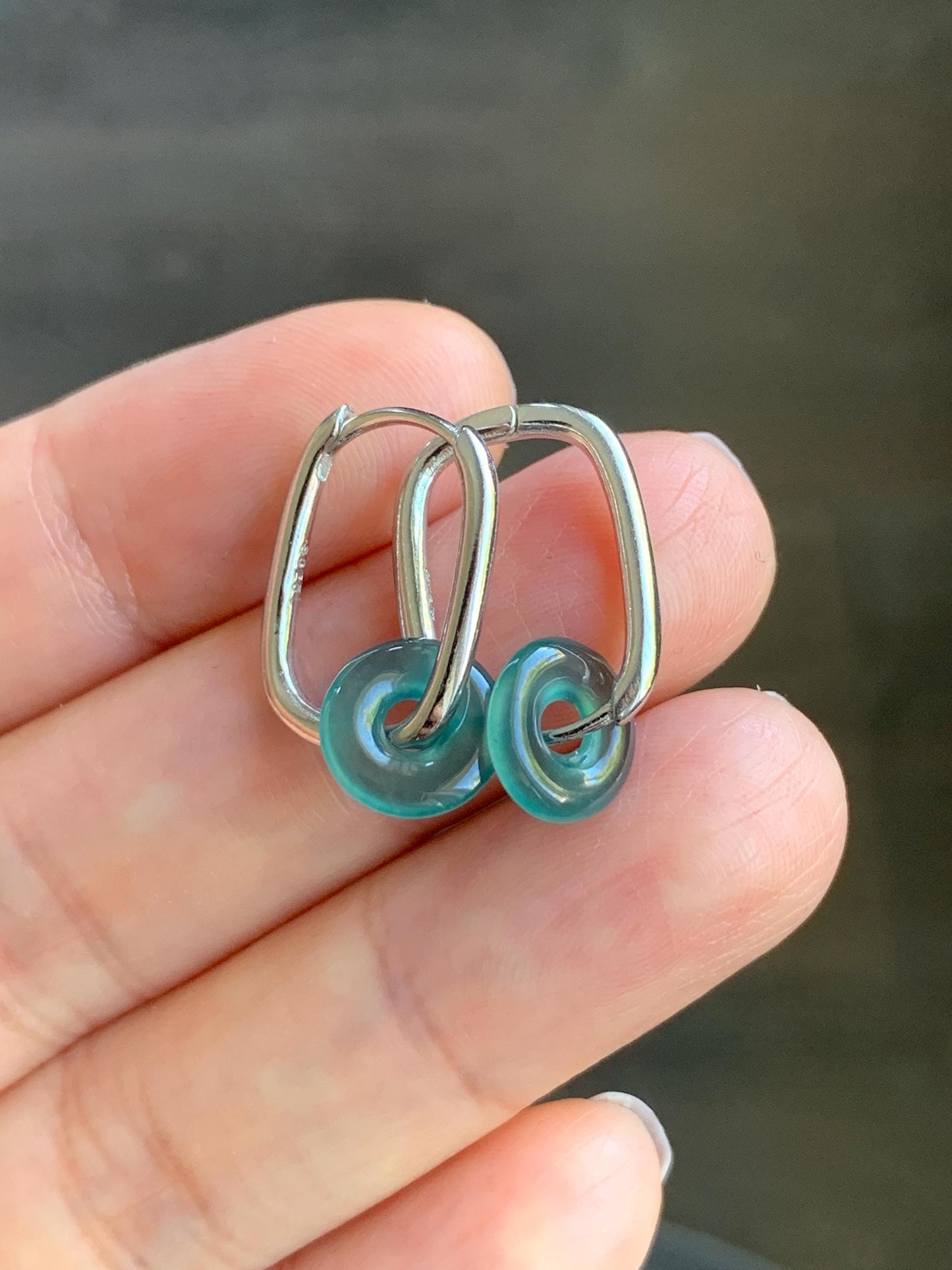 Natural Guatemalan Icy Highly Translucent Teal Green Jadeite Ping An Kou Mini Donut Huggie Hoop Earrings Sterling Silver 天然冰胶起光蓝绿翡翠迷你平安扣银耳包