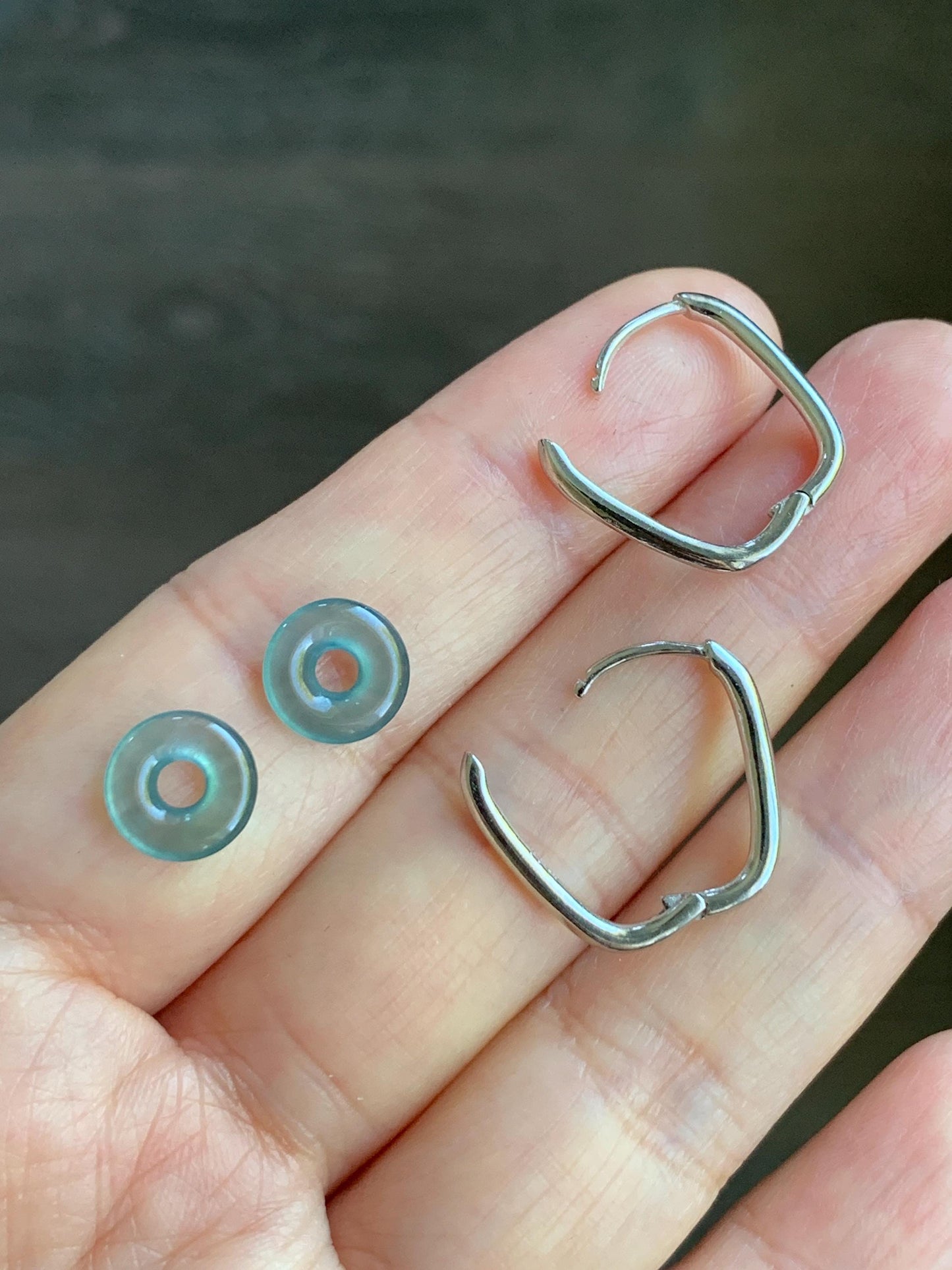 Natural Guatemalan Icy Highly Translucent Light Teal Jadeite Ping An Kou Mini Donut Huggie Hoop Earrings Sterling Silver 天然冰胶起光蓝绿翡翠迷你平安扣银耳
