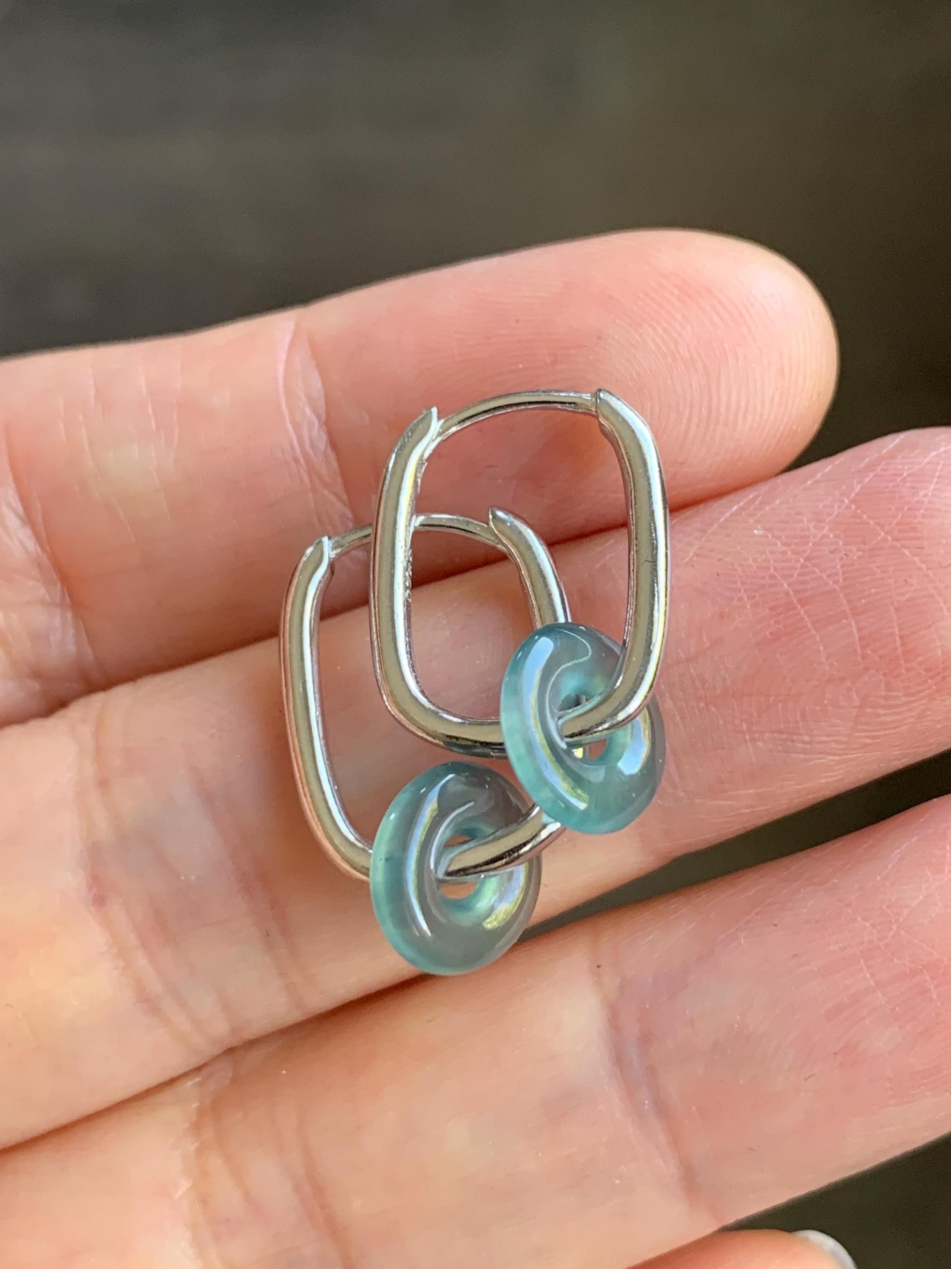 Natural Guatemalan Icy Highly Translucent Light Teal Jadeite Ping An Kou Mini Donut Huggie Hoop Earrings Sterling Silver 天然冰胶起光蓝绿翡翠迷你平安扣银耳