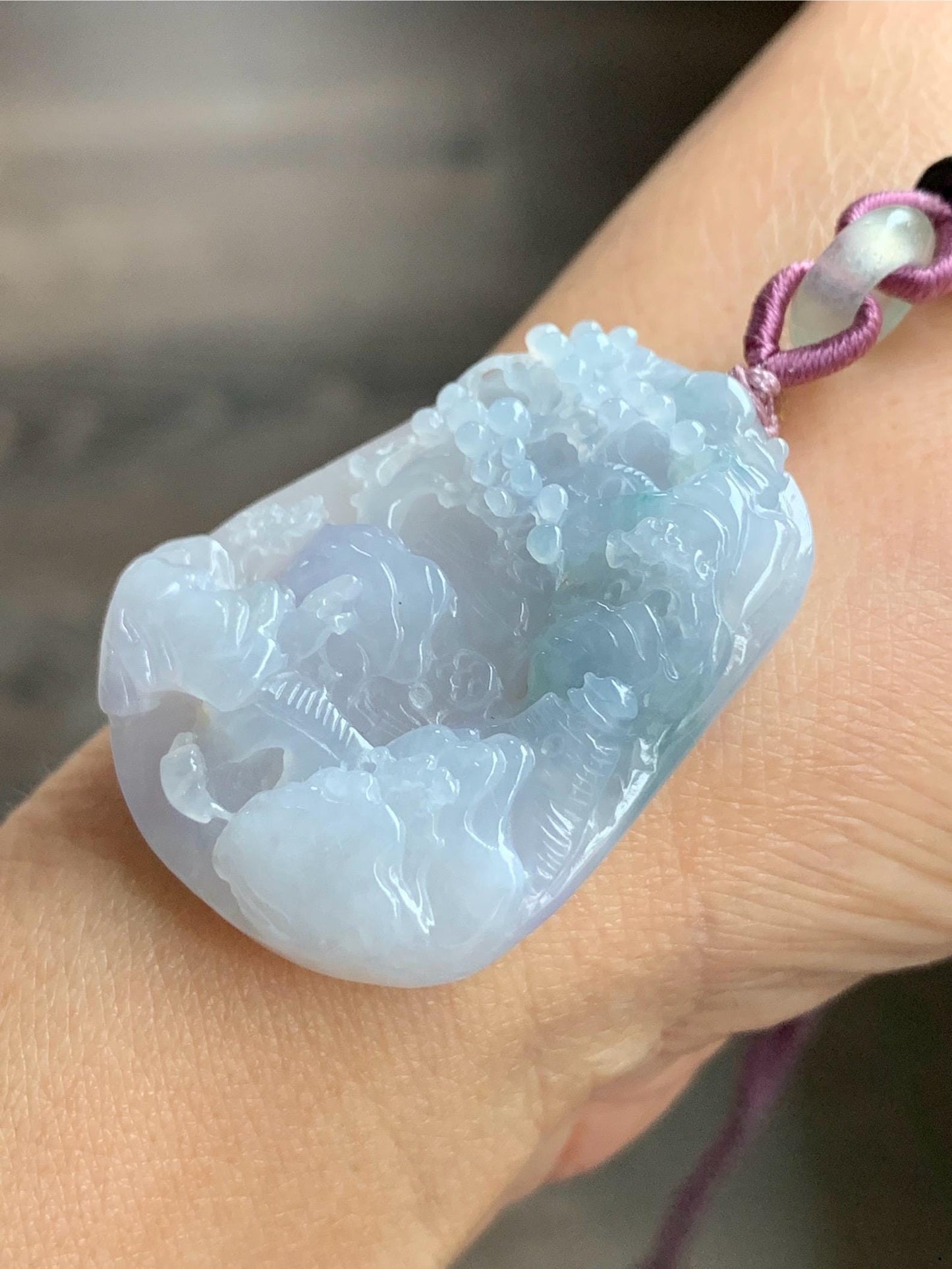 Large Natural Burmese Icy Highly Translucent Gelatinous Purplish Blue Jadeite Carved Shan Shui Pai Landscape Pendant 天然缅甸冰胶蓝紫飘花翡翠大山水牌吊坠
