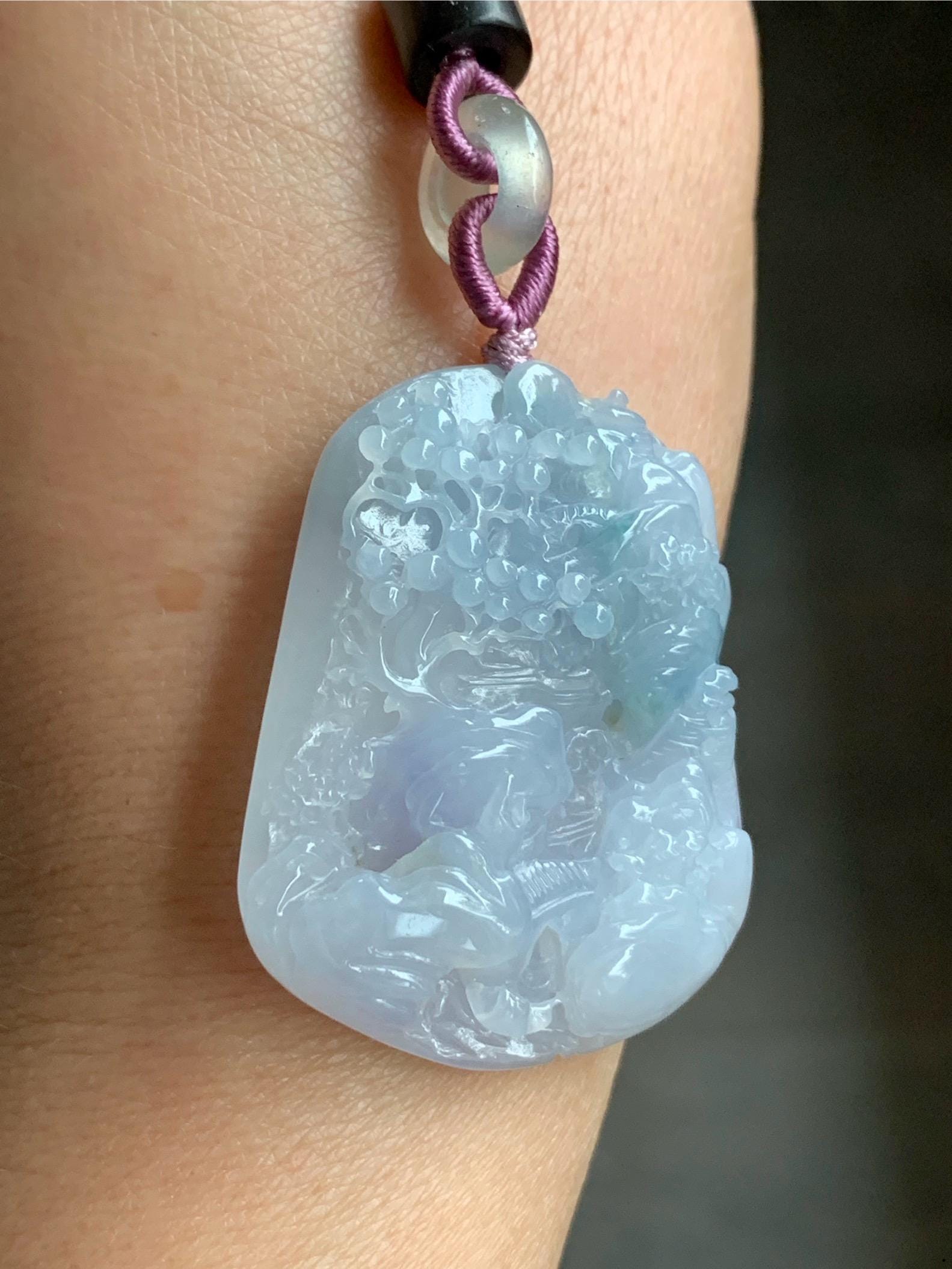 Large Natural Burmese Icy Highly Translucent Gelatinous Purplish Blue Jadeite Carved Shan Shui Pai Landscape Pendant 天然缅甸冰胶蓝紫飘花翡翠大山水牌吊坠