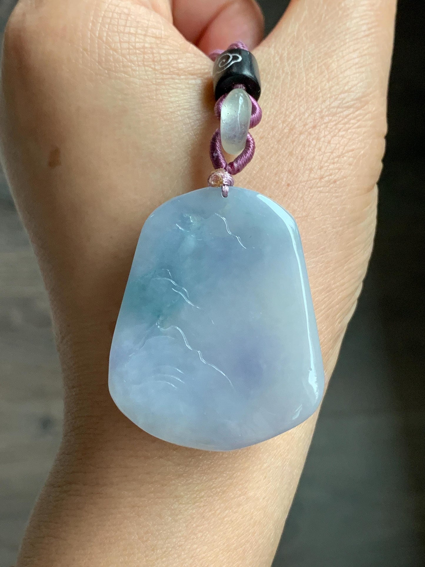 Large Natural Burmese Icy Highly Translucent Gelatinous Purplish Blue Jadeite Carved Shan Shui Pai Landscape Pendant 天然缅甸冰胶蓝紫飘花翡翠大山水牌吊坠