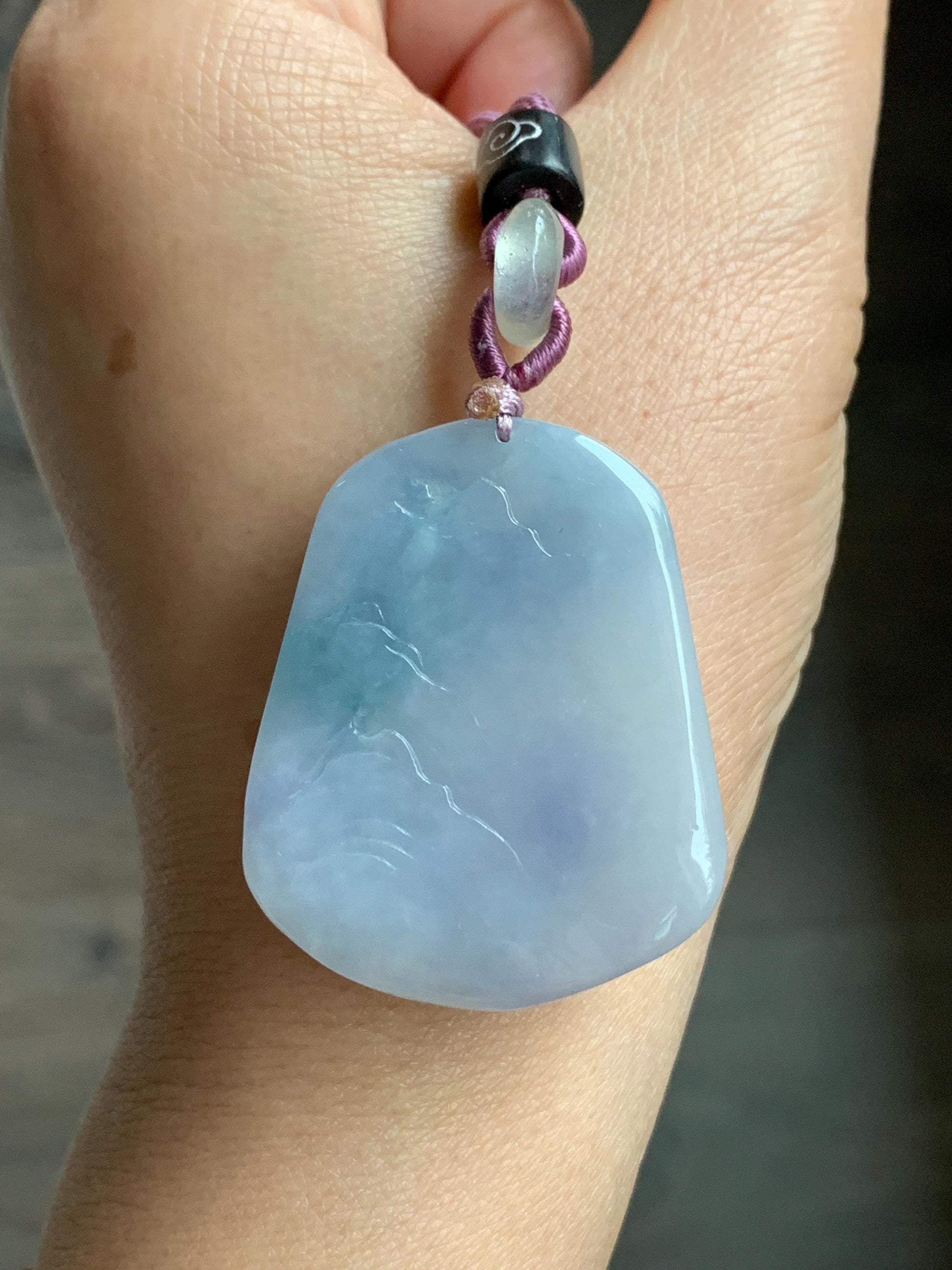 Large Natural Burmese Icy Highly Translucent Gelatinous Purplish Blue Jadeite Carved Shan Shui Pai Landscape Pendant 天然缅甸冰胶蓝紫飘花翡翠大山水牌吊坠