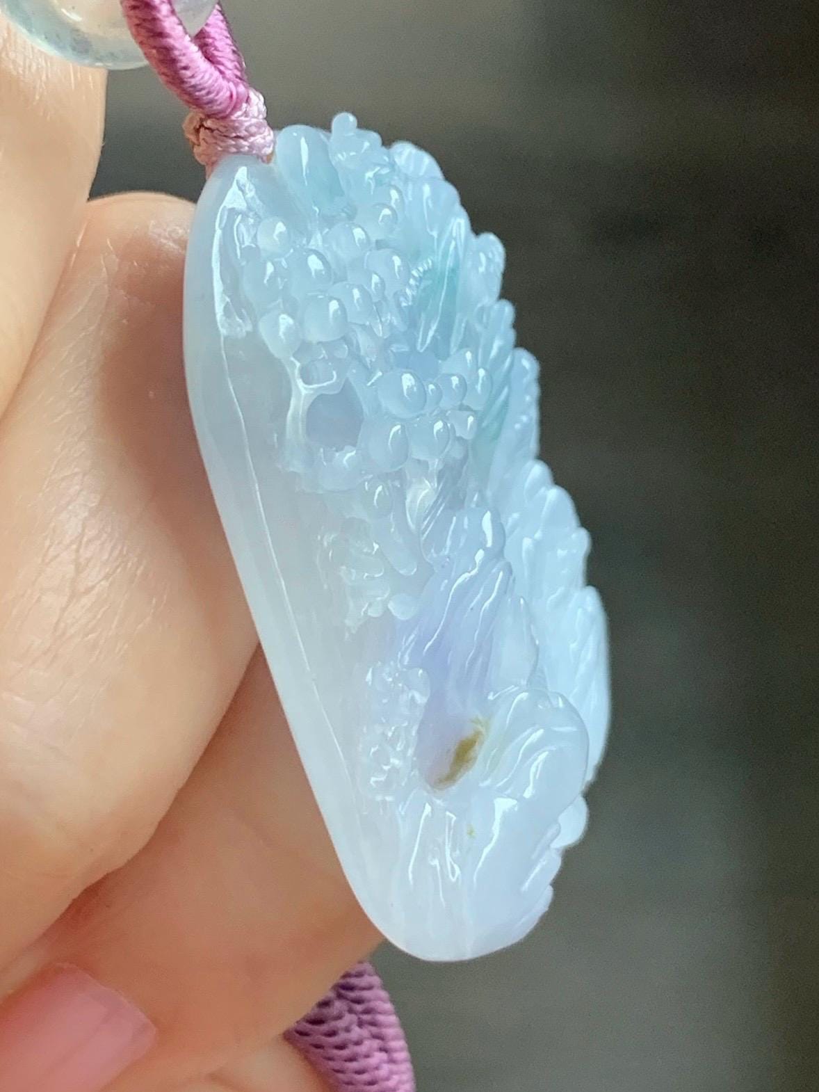 Large Natural Burmese Icy Highly Translucent Gelatinous Purplish Blue Jadeite Carved Shan Shui Pai Landscape Pendant 天然缅甸冰胶蓝紫飘花翡翠大山水牌吊坠