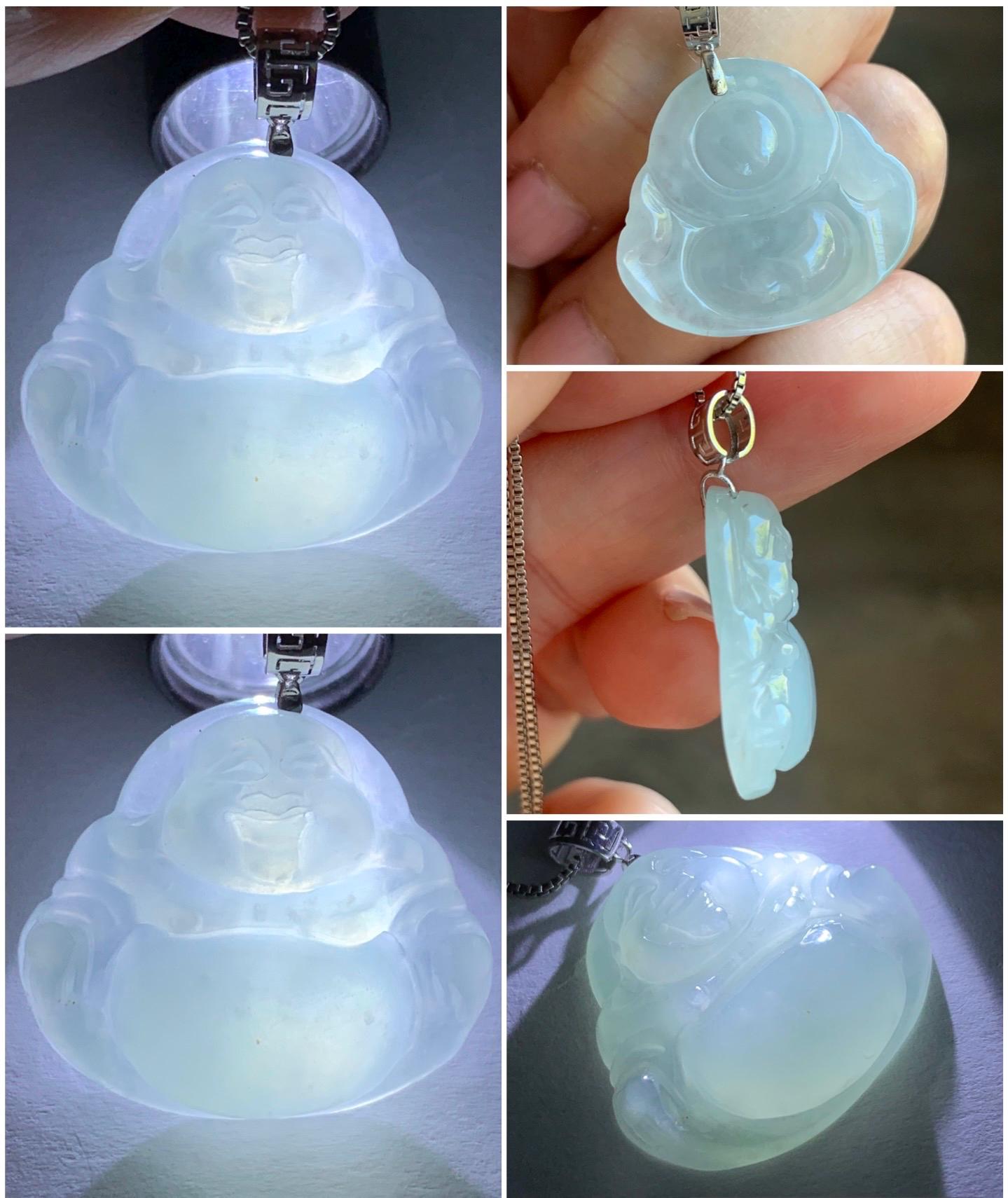 Certified Natural Burmese Icy Translucent Pale Blue Jadeite Carved Buddha Pendant 18K White Gold 天然缅甸冰淡蓝翡翠佛公镶嵌吊坠 3011