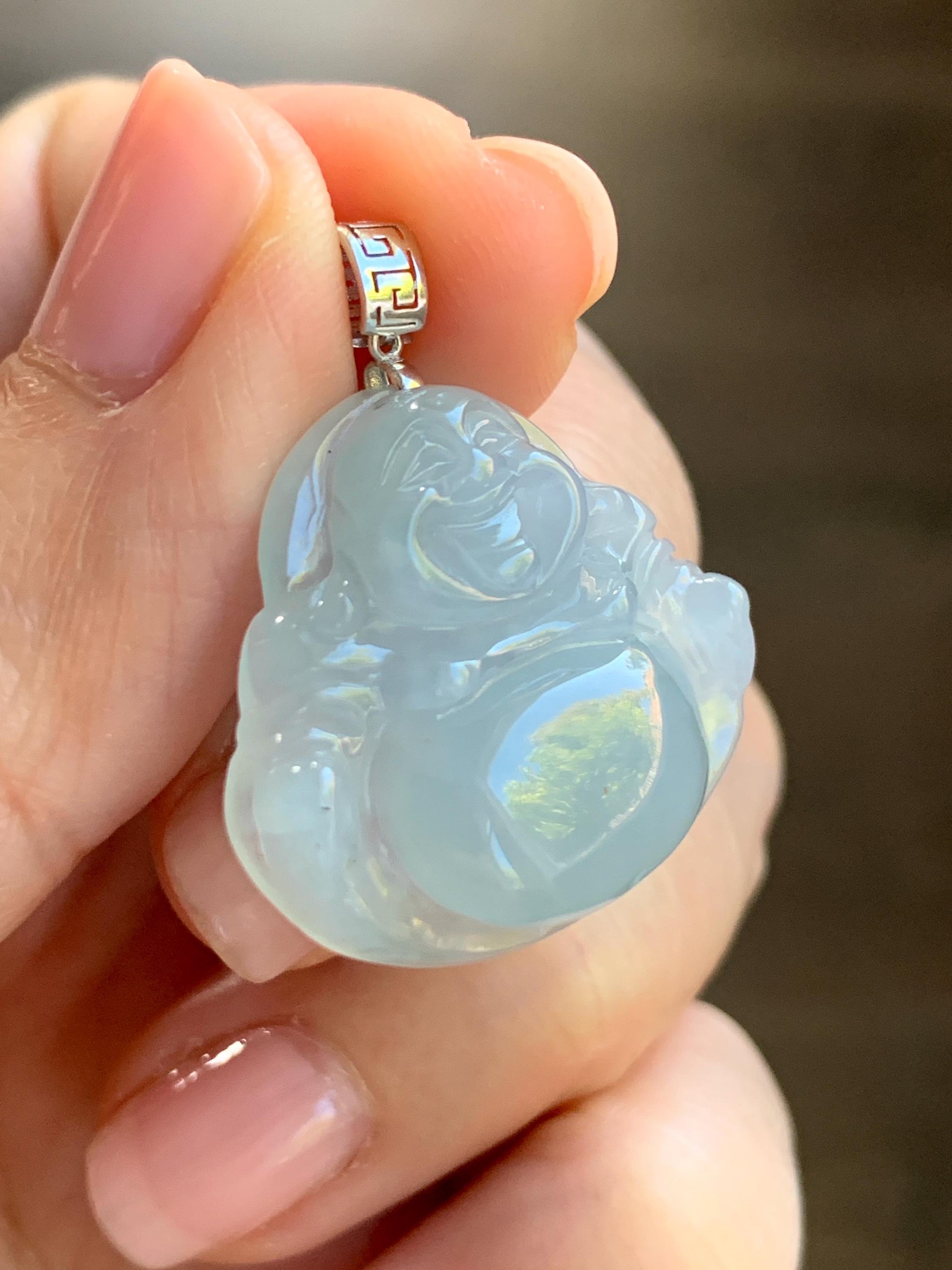 Certified Natural Burmese Icy Translucent Pale Blue Jadeite Carved Buddha Pendant 18K White Gold 天然缅甸冰淡蓝翡翠佛公镶嵌吊坠 3011