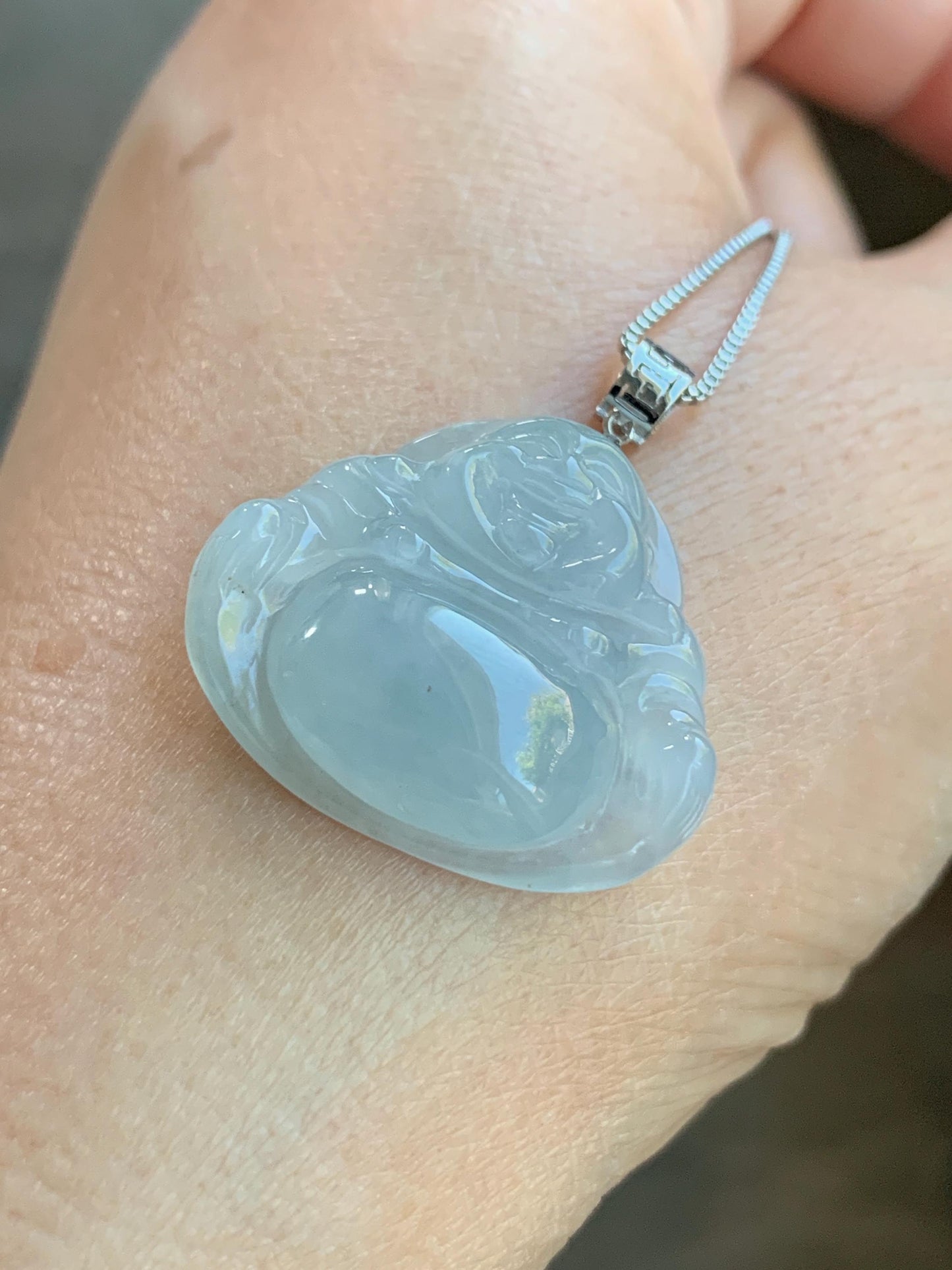 Certified Natural Burmese Icy Translucent Pale Blue Jadeite Carved Buddha Pendant 18K White Gold 天然缅甸冰淡蓝翡翠佛公镶嵌吊坠 3011
