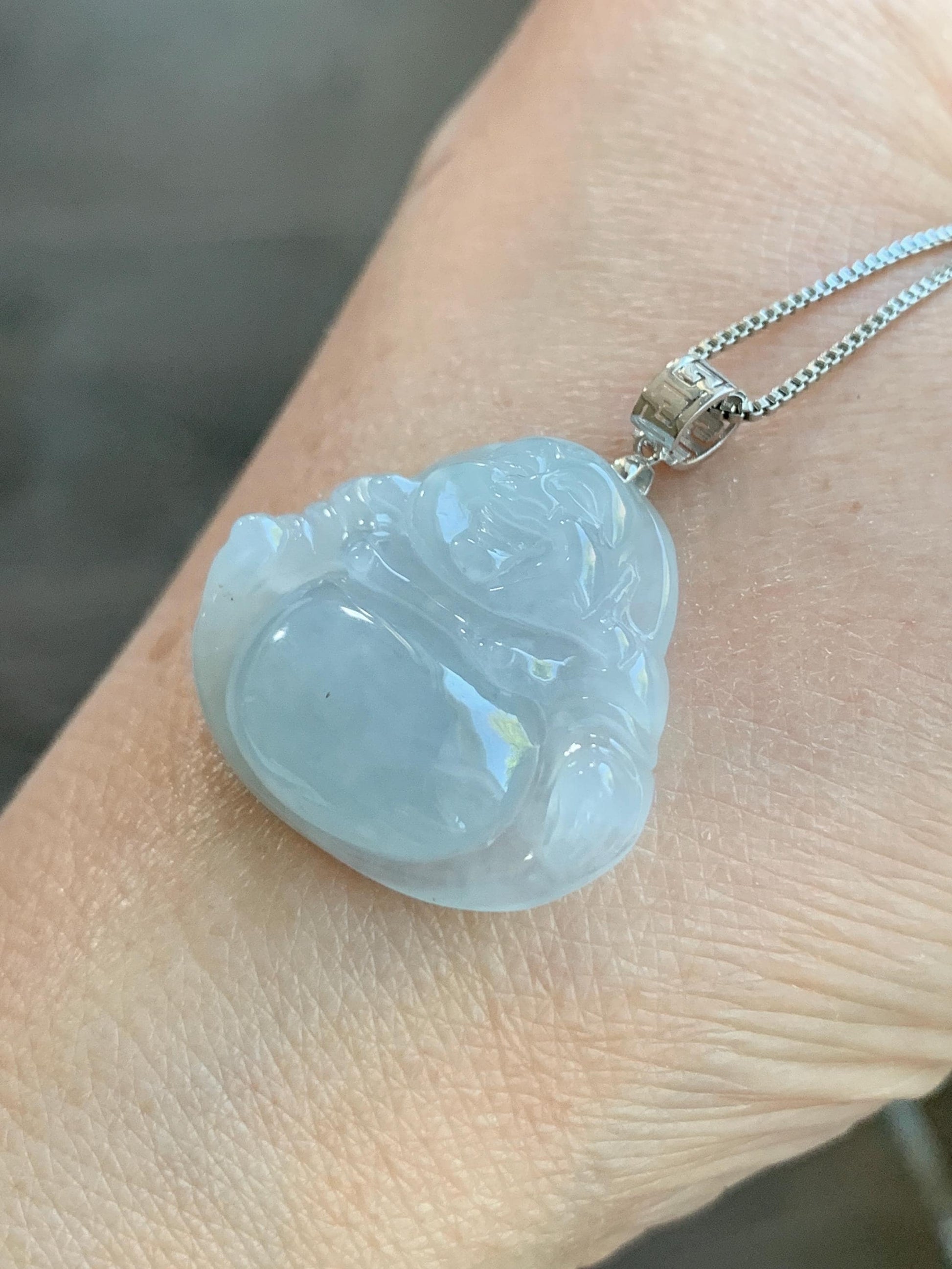 Certified Natural Burmese Icy Translucent Pale Blue Jadeite Carved Buddha Pendant 18K White Gold 天然缅甸冰淡蓝翡翠佛公镶嵌吊坠 3011