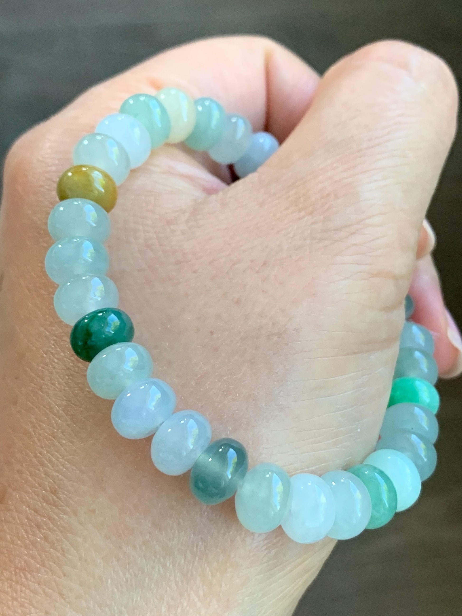 Certified Natural Burmese Icy Translucent Multicolored Jadeite Drum Beads Beaded Bracelet Stretchy 6.75” 22.72g 天然缅甸冰胶多宝翡翠鼓珠手串 3001