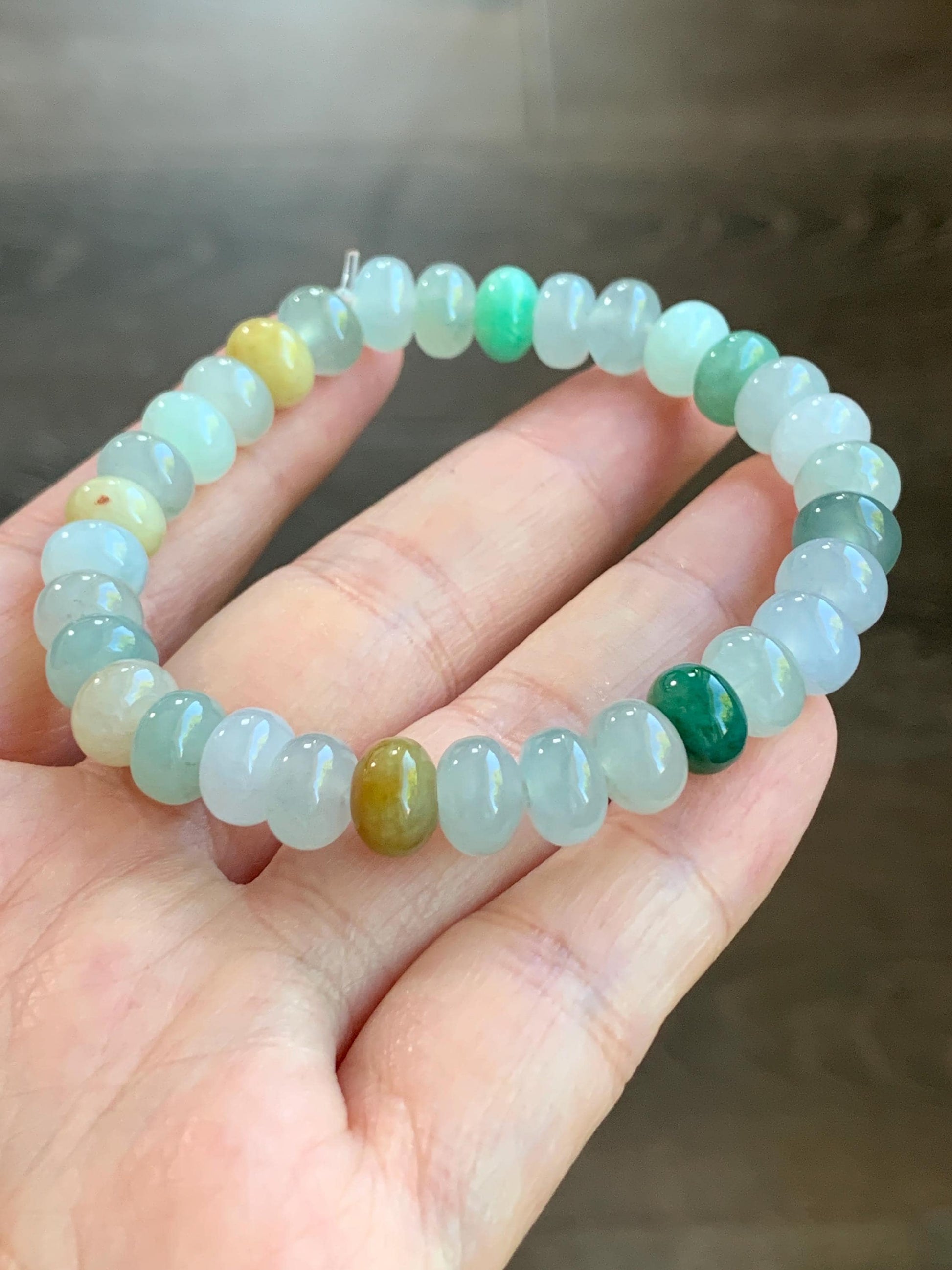 Certified Natural Burmese Icy Translucent Multicolored Jadeite Drum Beads Beaded Bracelet Stretchy 6.75” 22.72g 天然缅甸冰胶多宝翡翠鼓珠手串 3001