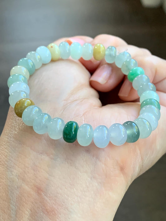 Certified Natural Burmese Icy Translucent Multicolored Jadeite Drum Beads Beaded Bracelet Stretchy 6.75” 22.72g 天然缅甸冰胶多宝翡翠鼓珠手串 3001