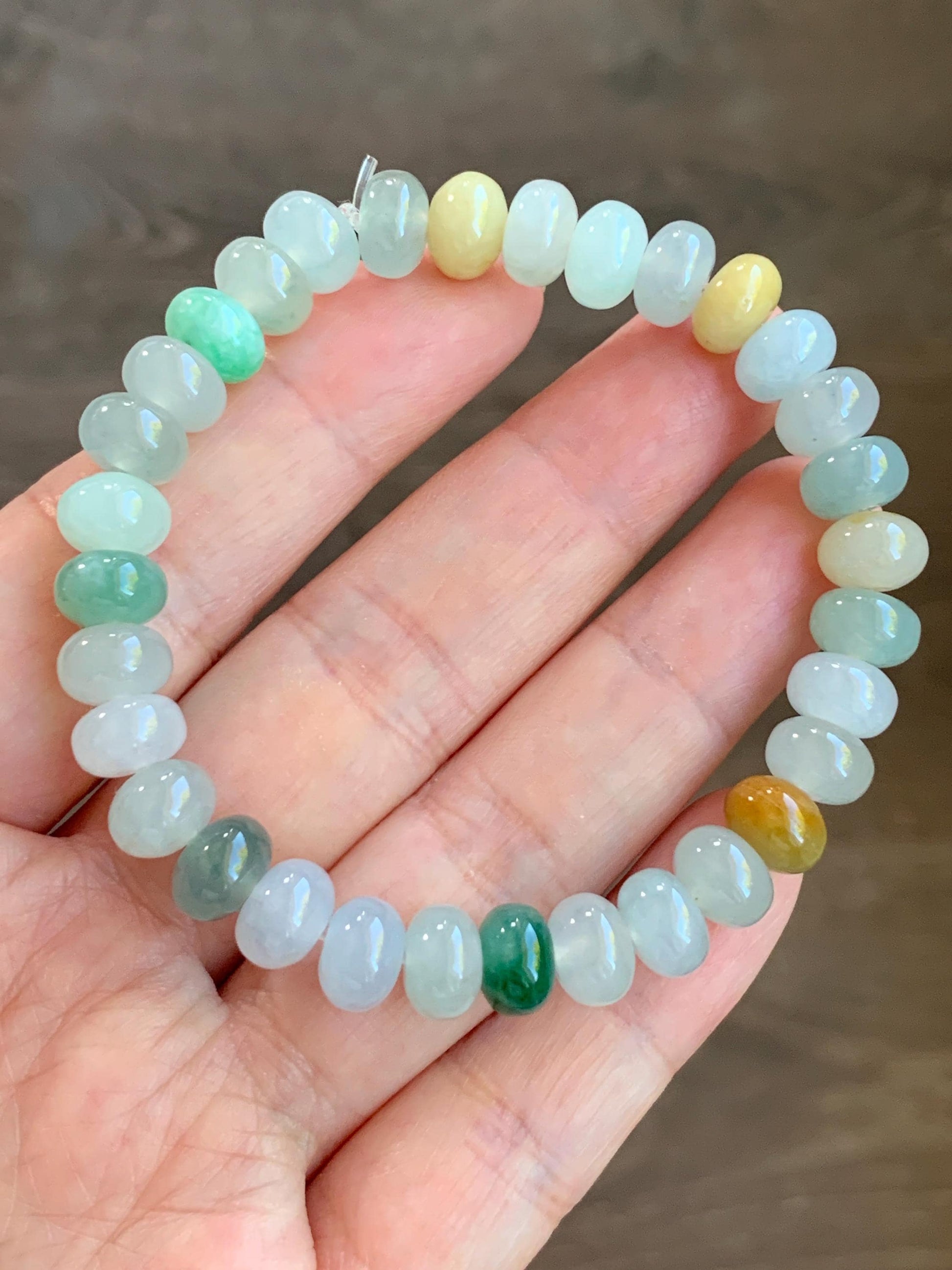 Certified Natural Burmese Icy Translucent Multicolored Jadeite Drum Beads Beaded Bracelet Stretchy 6.75” 22.72g 天然缅甸冰胶多宝翡翠鼓珠手串 3001