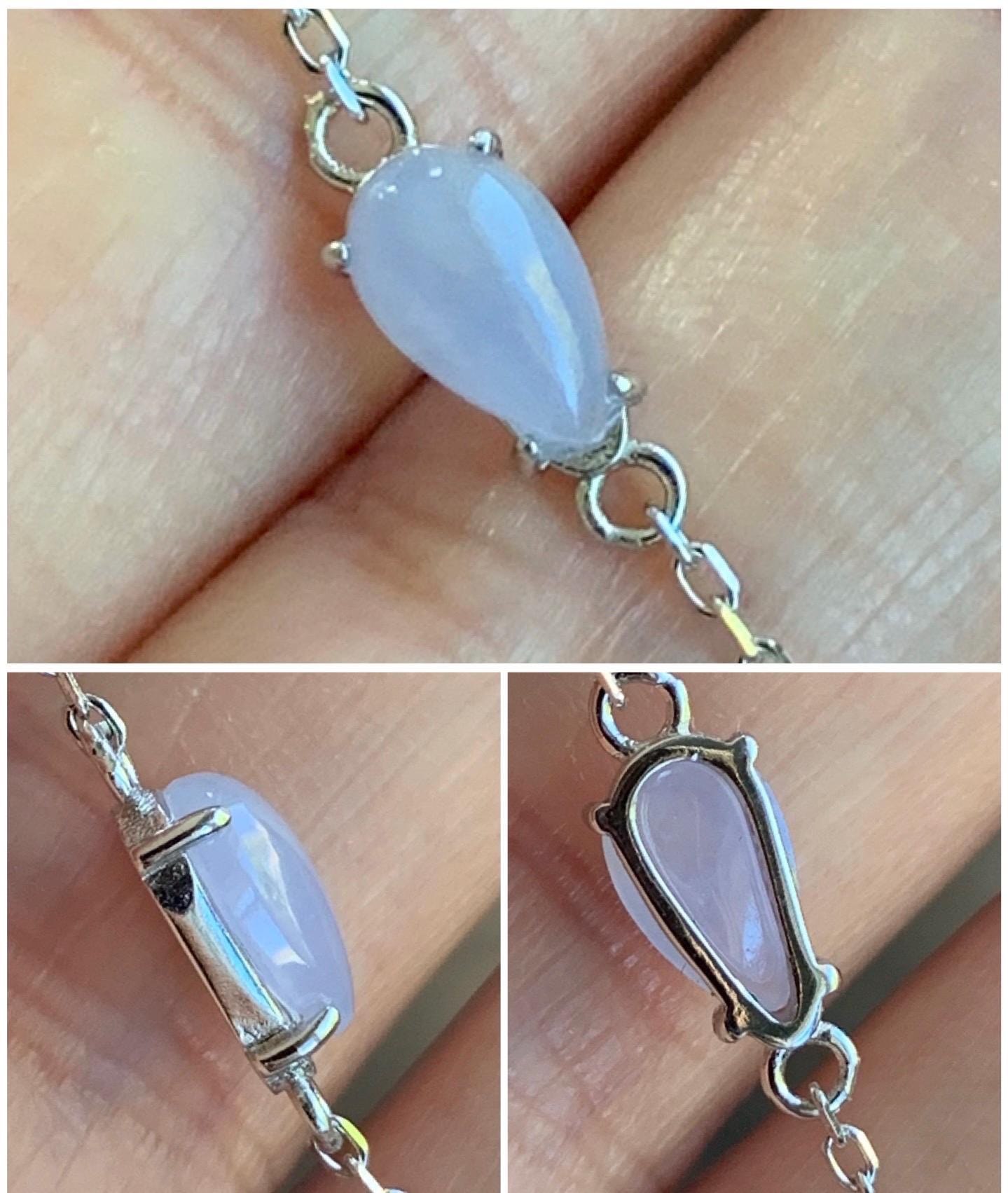 Natural Burmese Icy Translucent Gelatinous Light Purple Teardrop Jadeite Chain Bracelet Sterling Silver 6.25”-7.5” 天然缅甸冰淡紫翡翠水滴蛋面银手链