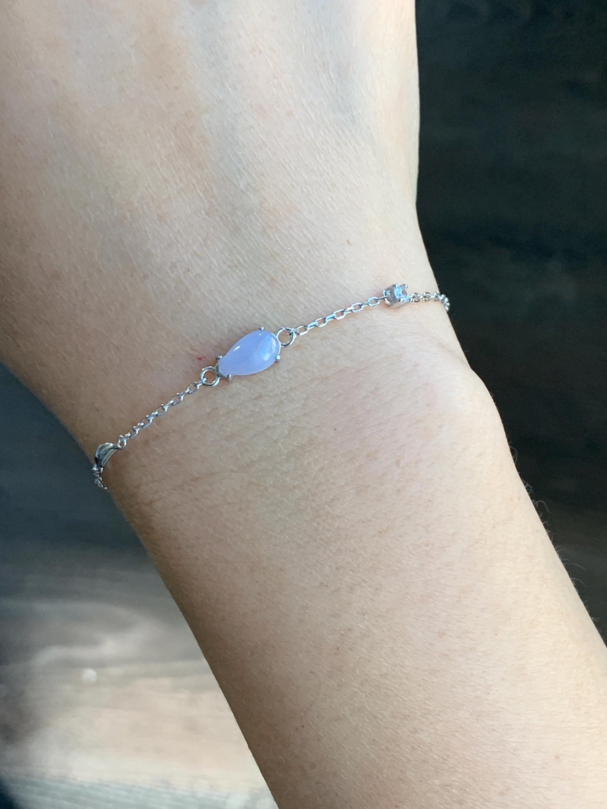 Natural Burmese Icy Translucent Gelatinous Light Purple Teardrop Jadeite Chain Bracelet Sterling Silver 6.25”-7.5” 天然缅甸冰淡紫翡翠水滴蛋面银手链