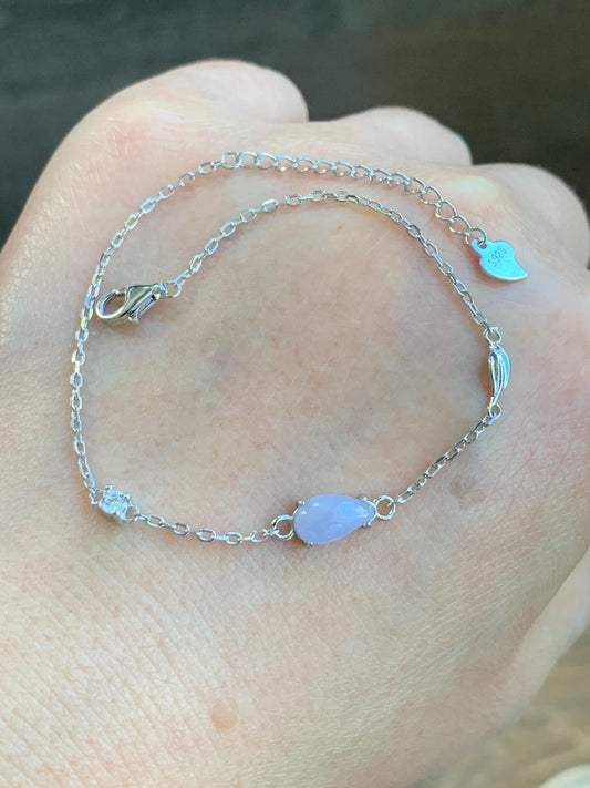 Natural Burmese Icy Translucent Gelatinous Light Purple Teardrop Jadeite Chain Bracelet Sterling Silver 6.25”-7.5” 天然缅甸冰淡紫翡翠水滴蛋面银手链