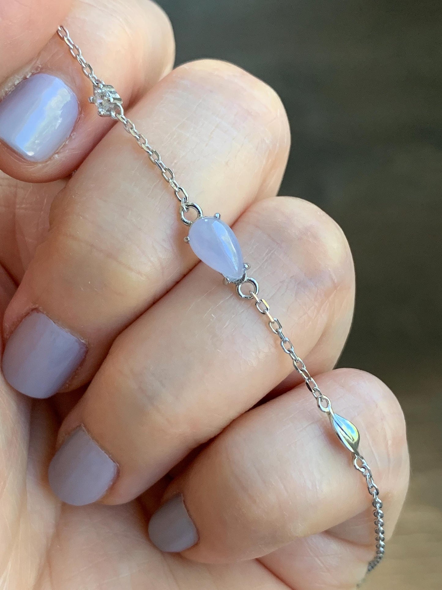 Natural Burmese Icy Translucent Gelatinous Light Purple Teardrop Jadeite Chain Bracelet Sterling Silver 6.25”-7.5” 天然缅甸冰淡紫翡翠水滴蛋面银手链