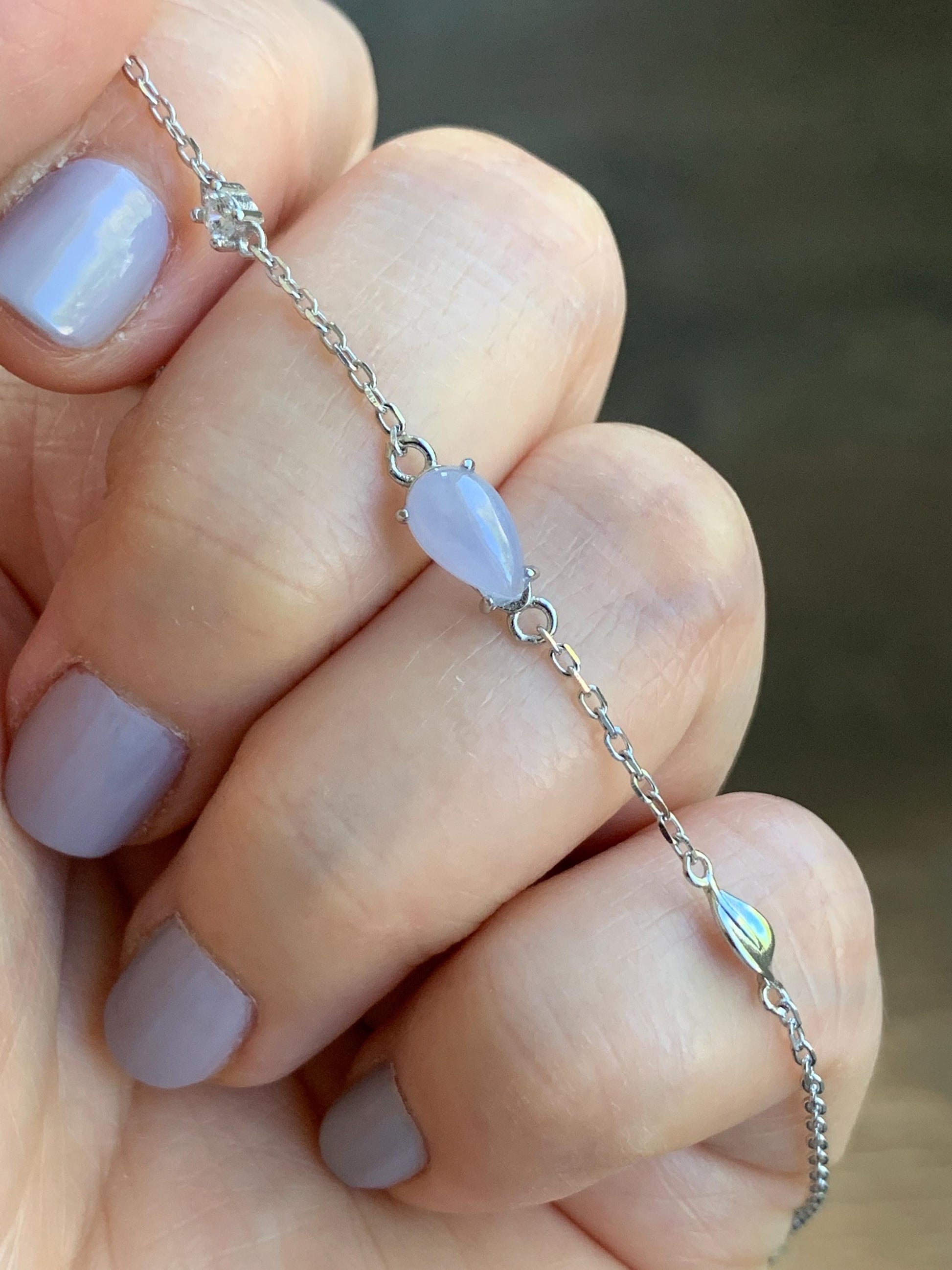 Natural Burmese Icy Translucent Gelatinous Light Purple Teardrop Jadeite Chain Bracelet Sterling Silver 6.25”-7.5” 天然缅甸冰淡紫翡翠水滴蛋面银手链