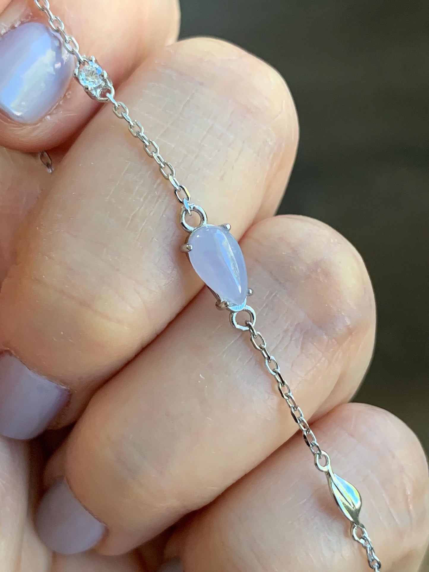 Natural Burmese Icy Translucent Gelatinous Light Purple Teardrop Jadeite Chain Bracelet Sterling Silver 6.25”-7.5” 天然缅甸冰淡紫翡翠水滴蛋面银手链