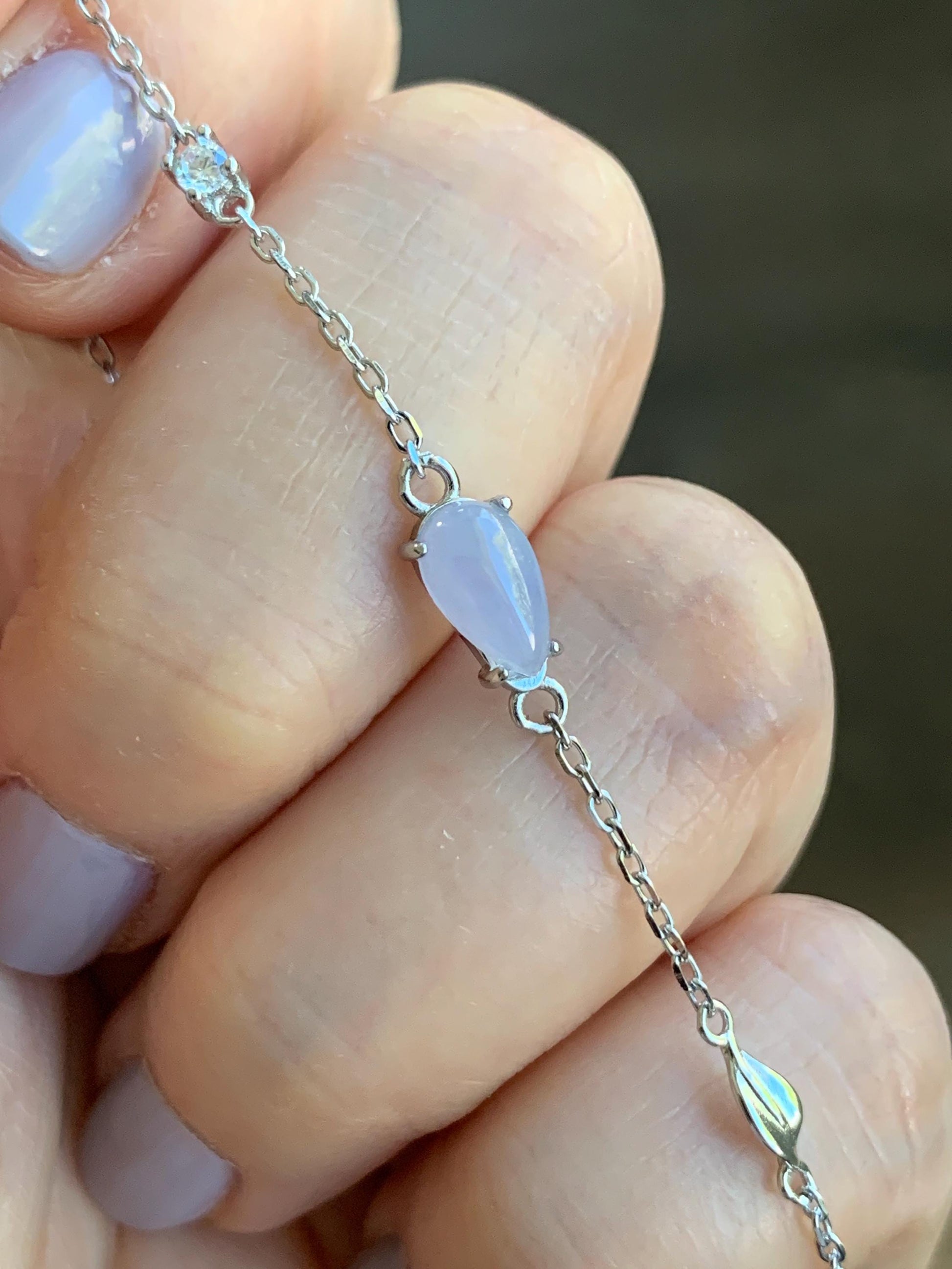 Natural Burmese Icy Translucent Gelatinous Light Purple Teardrop Jadeite Chain Bracelet Sterling Silver 6.25”-7.5” 天然缅甸冰淡紫翡翠水滴蛋面银手链