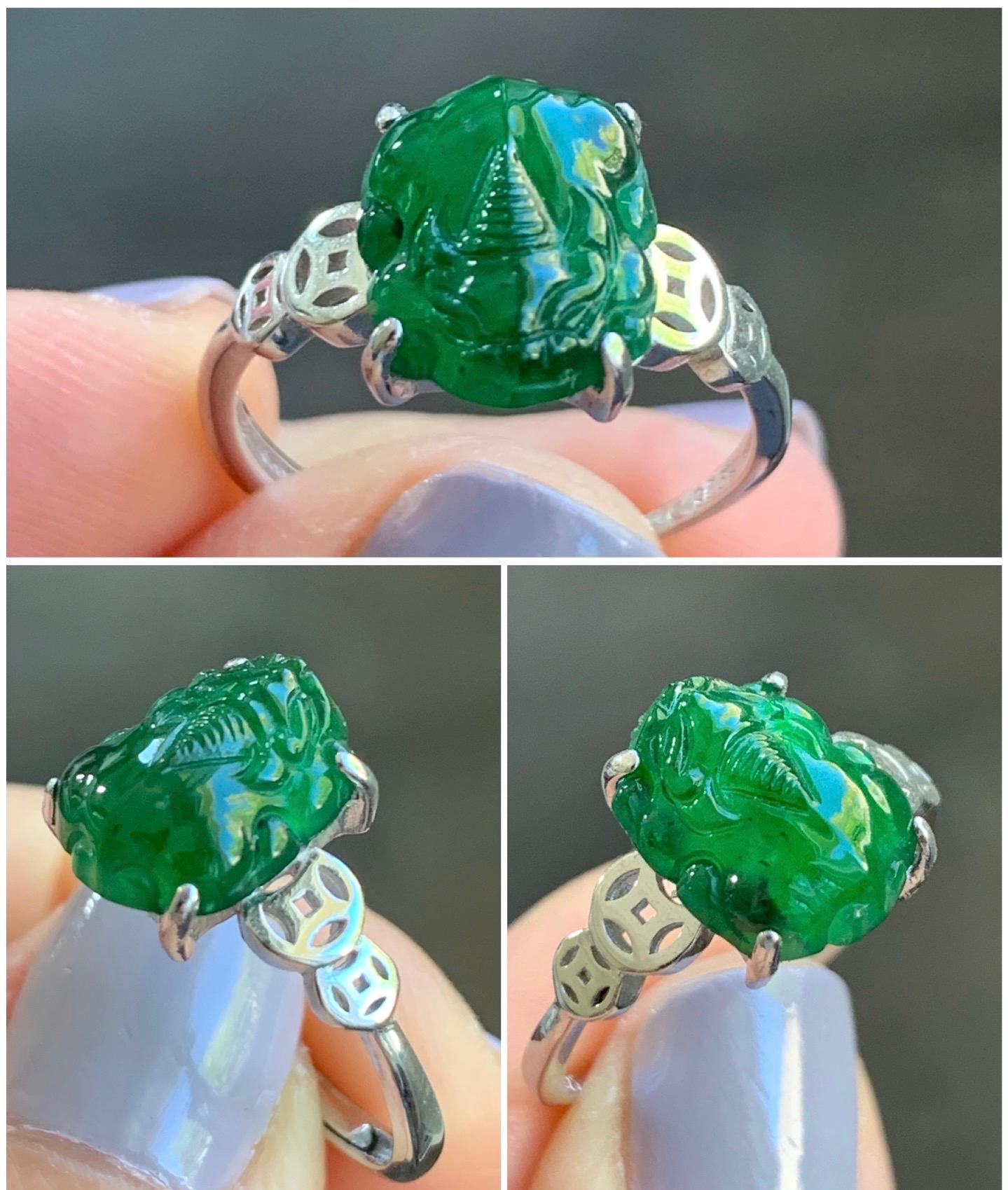 Natural Guatemalan Icy Translucent Vibrant Green Jadeite Carved Pixiu Ring S925 Sterling Silver Size 7 Adjustable 天然高冰危绿翡翠貔貅银镶戒指 WPX223B