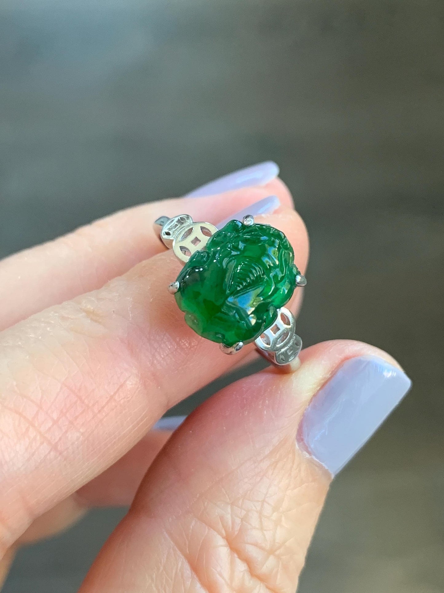 Natural Guatemalan Icy Translucent Vibrant Green Jadeite Carved Pixiu Ring S925 Sterling Silver Size 7 Adjustable 天然高冰危绿翡翠貔貅银镶戒指 WPX223B