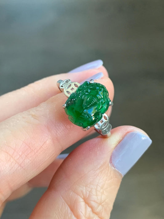 Natural Guatemalan Icy Translucent Vibrant Green Jadeite Carved Pixiu Ring S925 Sterling Silver Size 7 Adjustable 天然高冰危绿翡翠貔貅银镶戒指 WPX223B