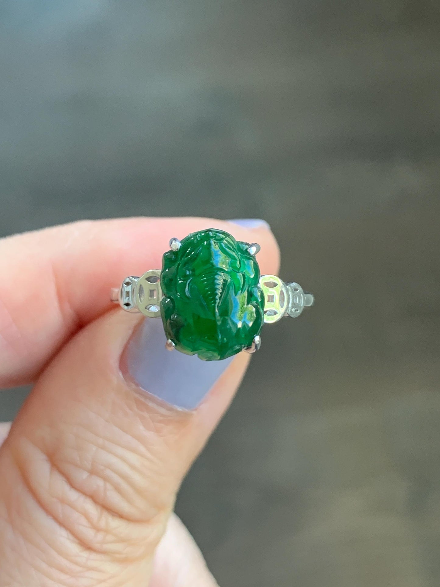 Natural Guatemalan Icy Translucent Vibrant Green Jadeite Carved Pixiu Ring S925 Sterling Silver Size 7 Adjustable 天然高冰危绿翡翠貔貅银镶戒指 WPX223B