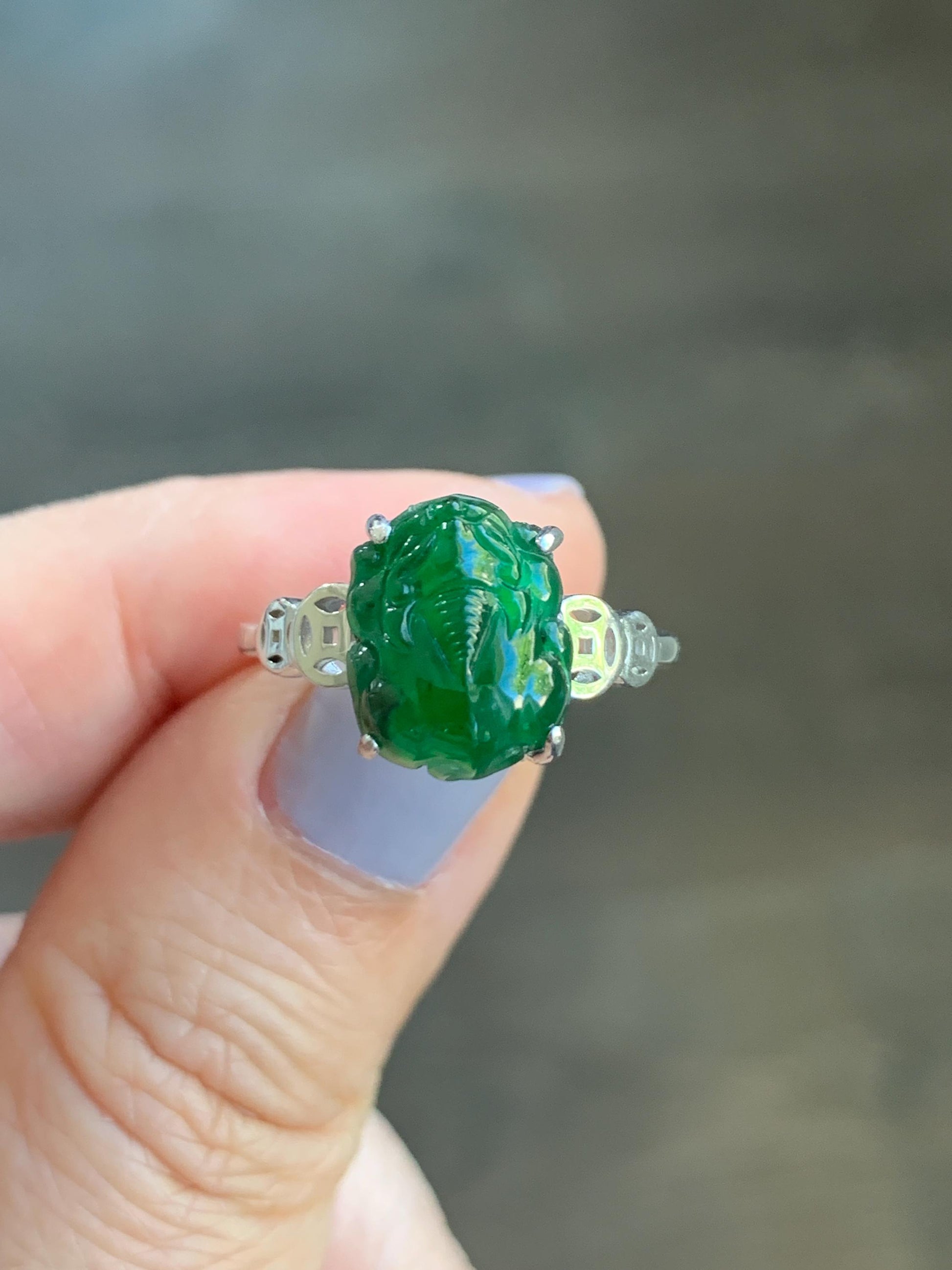 Natural Guatemalan Icy Translucent Vibrant Green Jadeite Carved Pixiu Ring S925 Sterling Silver Size 7 Adjustable 天然高冰危绿翡翠貔貅银镶戒指 WPX223B