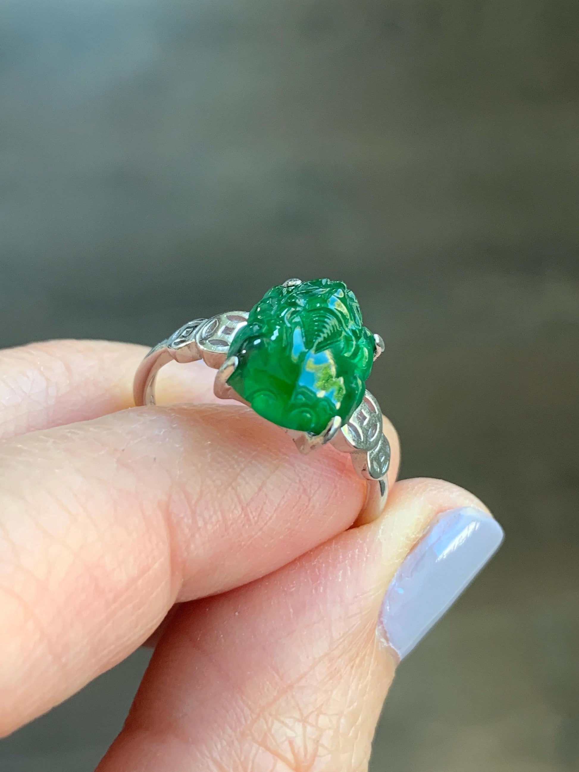 Natural Guatemalan Icy Translucent Vibrant Green Jadeite Carved Pixiu Ring S925 Sterling Silver Size 7 Adjustable 天然高冰危绿翡翠貔貅银镶戒指 WPX223B