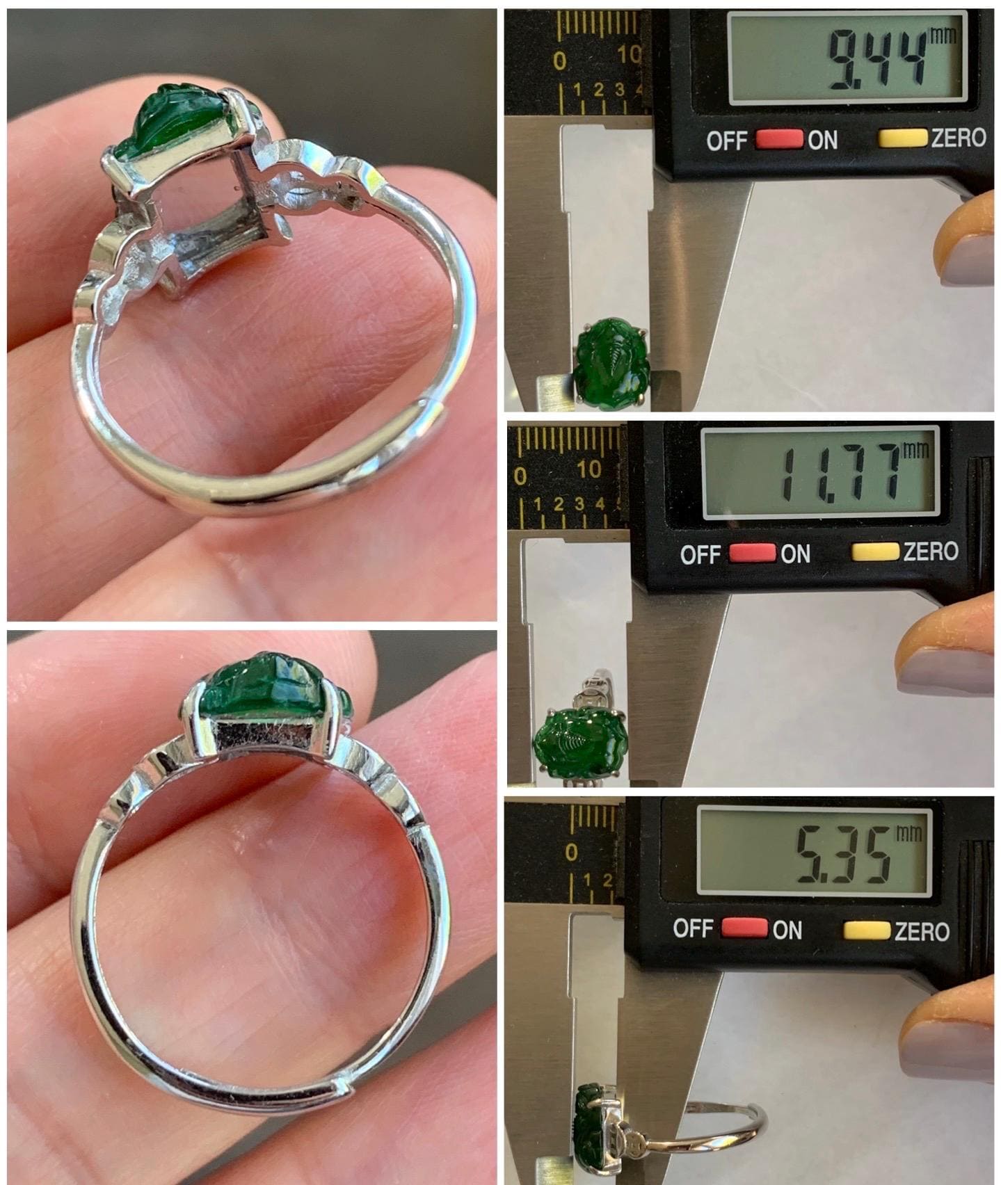 Natural Guatemalan Icy Translucent Vibrant Green Jadeite Carved Pixiu Ring S925 Sterling Silver Size 7 Adjustable 天然高冰危绿翡翠貔貅银镶戒指 WPX223B