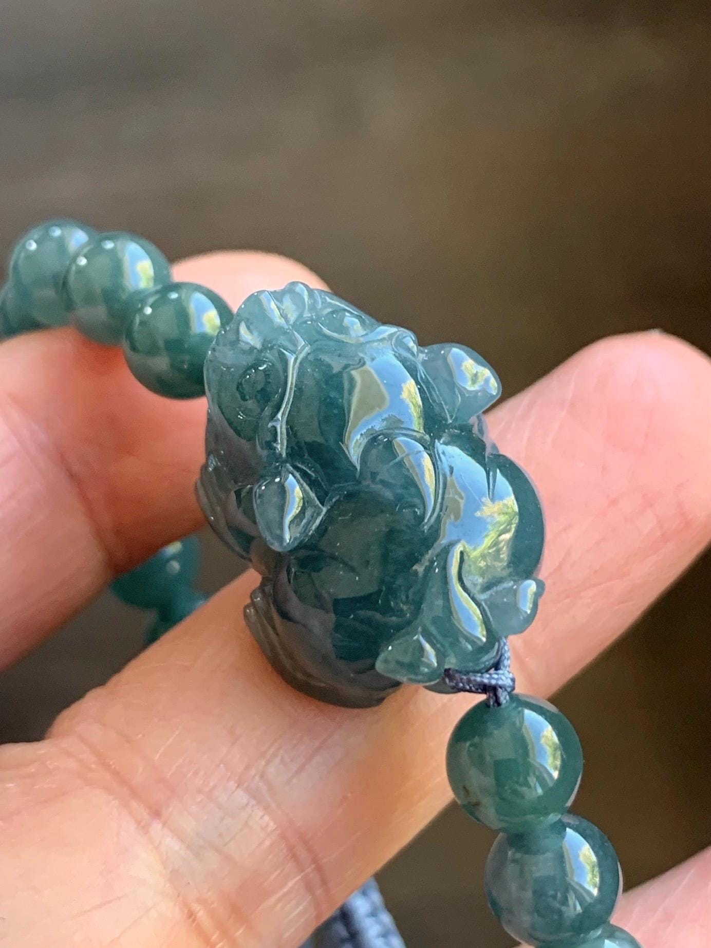 Natural Guatemalan Icy Translucent Gelatinous Dark Blue Jadeite Pixiu Beaded Bracelet 6.9mm 6.75” 21g 天然冰危蓝翡翠貔貅圆珠手串 WXC98Q
