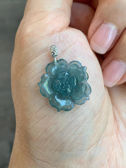Natural Guatemalan Icy Highly Translucent Teal Blue Jadeite Lotus Flower Pendant 18K White Gold 天然冰危湖水蓝翡翠莲花镶嵌吊坠 LDSL