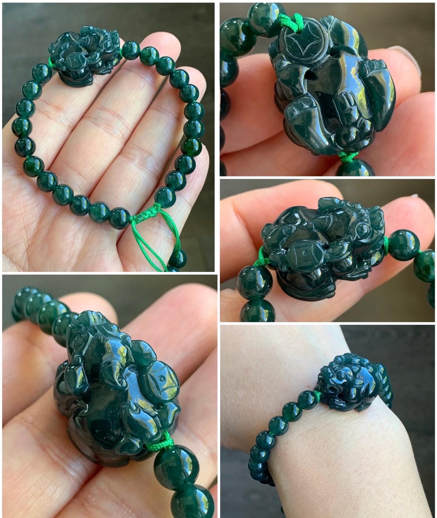 Natural Guatemalan Icy Translucent Gelatinous Dark Teal Green Jadeite Pixiu Beaded Bracelet 6.8mm 6.75” 23g 天然冰危深蓝绿翡翠貔貅圆珠手串 WXC98S