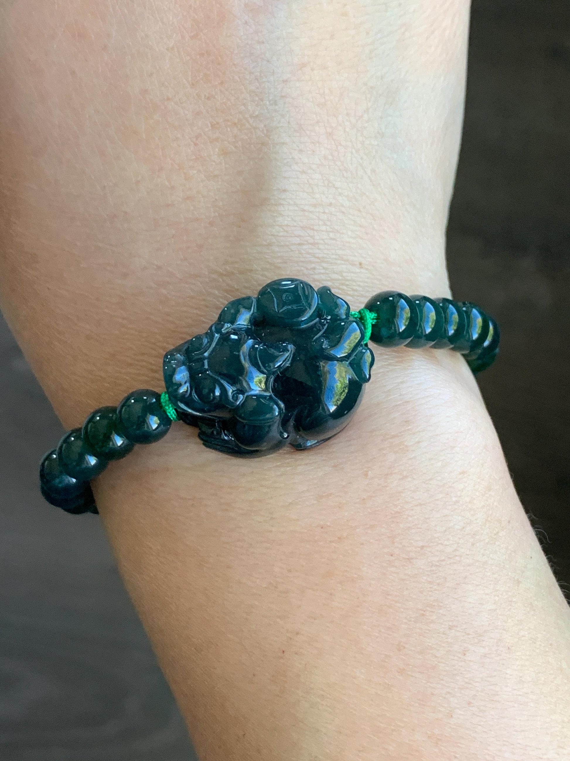 Natural Guatemalan Icy Translucent Gelatinous Dark Teal Green Jadeite Pixiu Beaded Bracelet 6.8mm 6.75” 23g 天然冰危深蓝绿翡翠貔貅圆珠手串 WXC98S