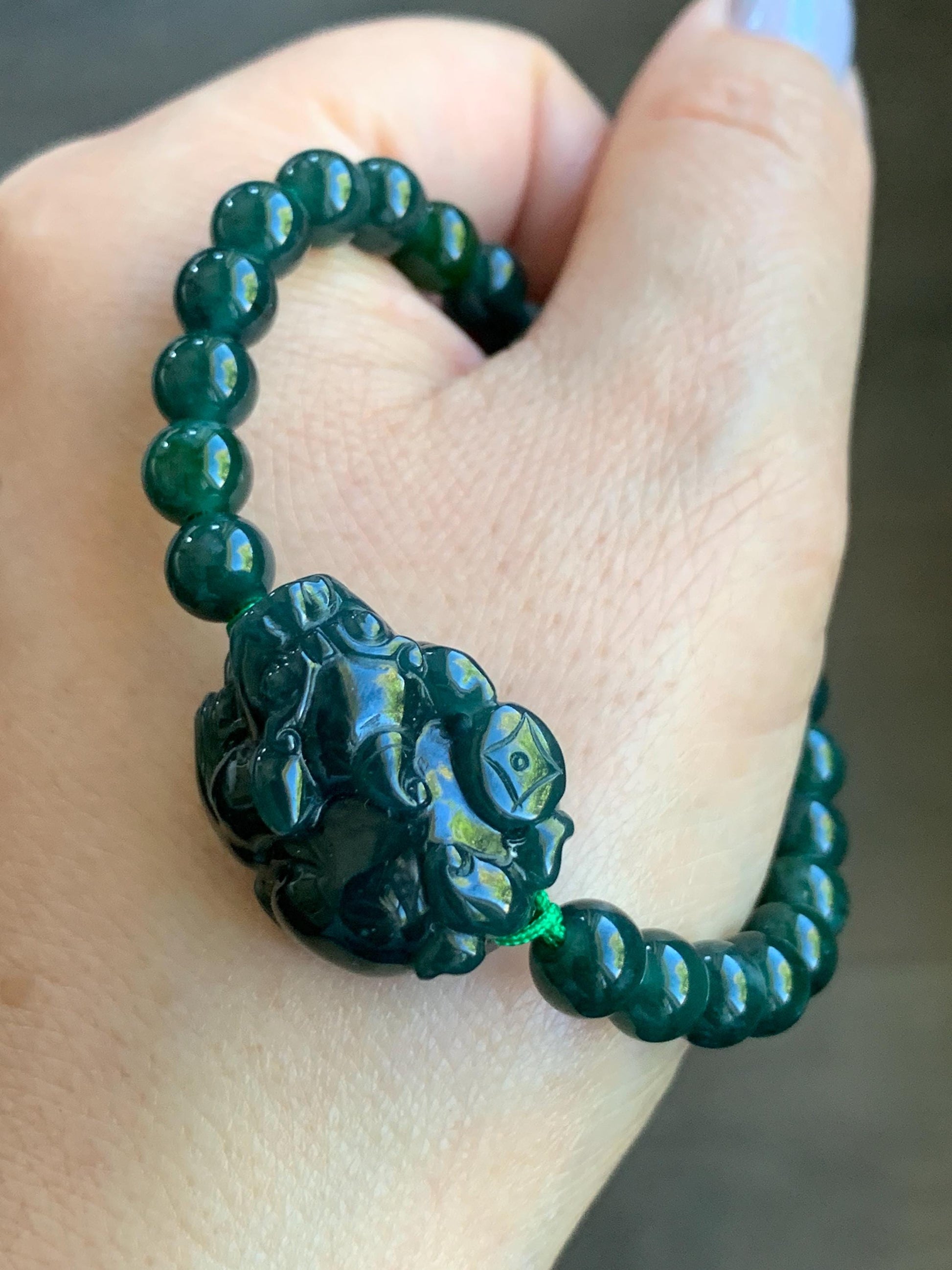 Natural Guatemalan Icy Translucent Gelatinous Dark Teal Green Jadeite Pixiu Beaded Bracelet 6.8mm 6.75” 23g 天然冰危深蓝绿翡翠貔貅圆珠手串 WXC98S