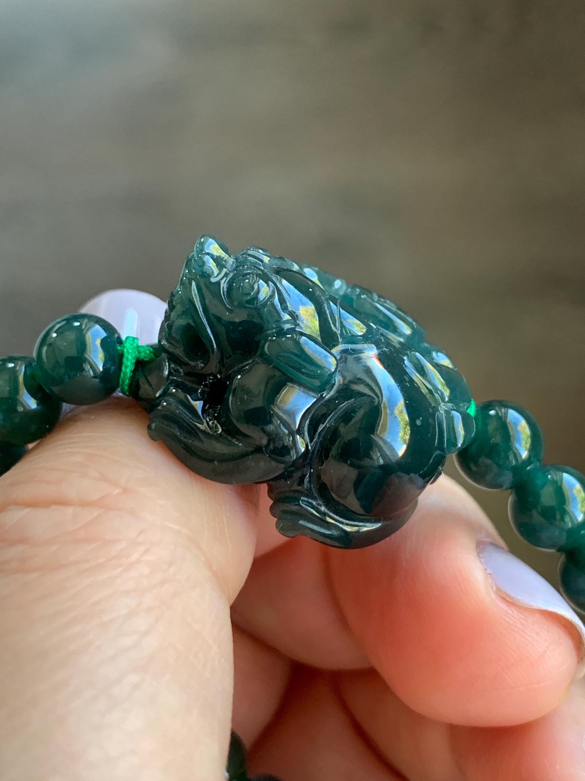 Natural Guatemalan Icy Translucent Gelatinous Dark Teal Green Jadeite Pixiu Beaded Bracelet 6.8mm 6.75” 23g 天然冰危深蓝绿翡翠貔貅圆珠手串 WXC98S