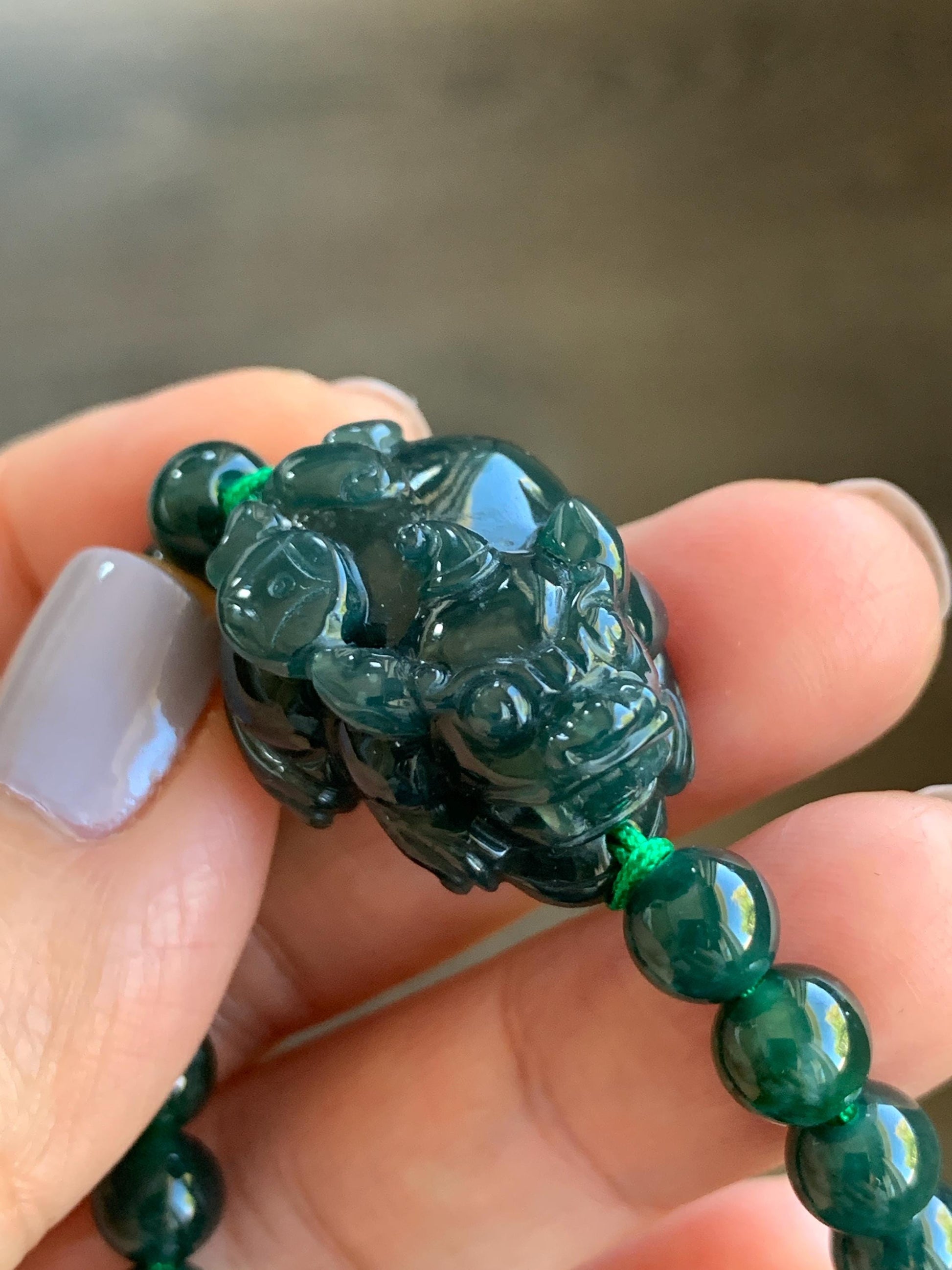 Natural Guatemalan Icy Translucent Gelatinous Dark Teal Green Jadeite Pixiu Beaded Bracelet 6.8mm 6.75” 23g 天然冰危深蓝绿翡翠貔貅圆珠手串 WXC98S